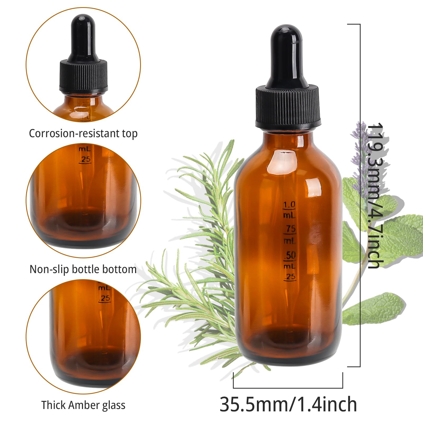 24 Pack 2 oz Glass Dropper Bottles with Measured Dropper - 60 ml Dark Amber Tincture Bottles for Essential Oils, Perfumes, Aromatherapy, Chemistry Lab Chemicals