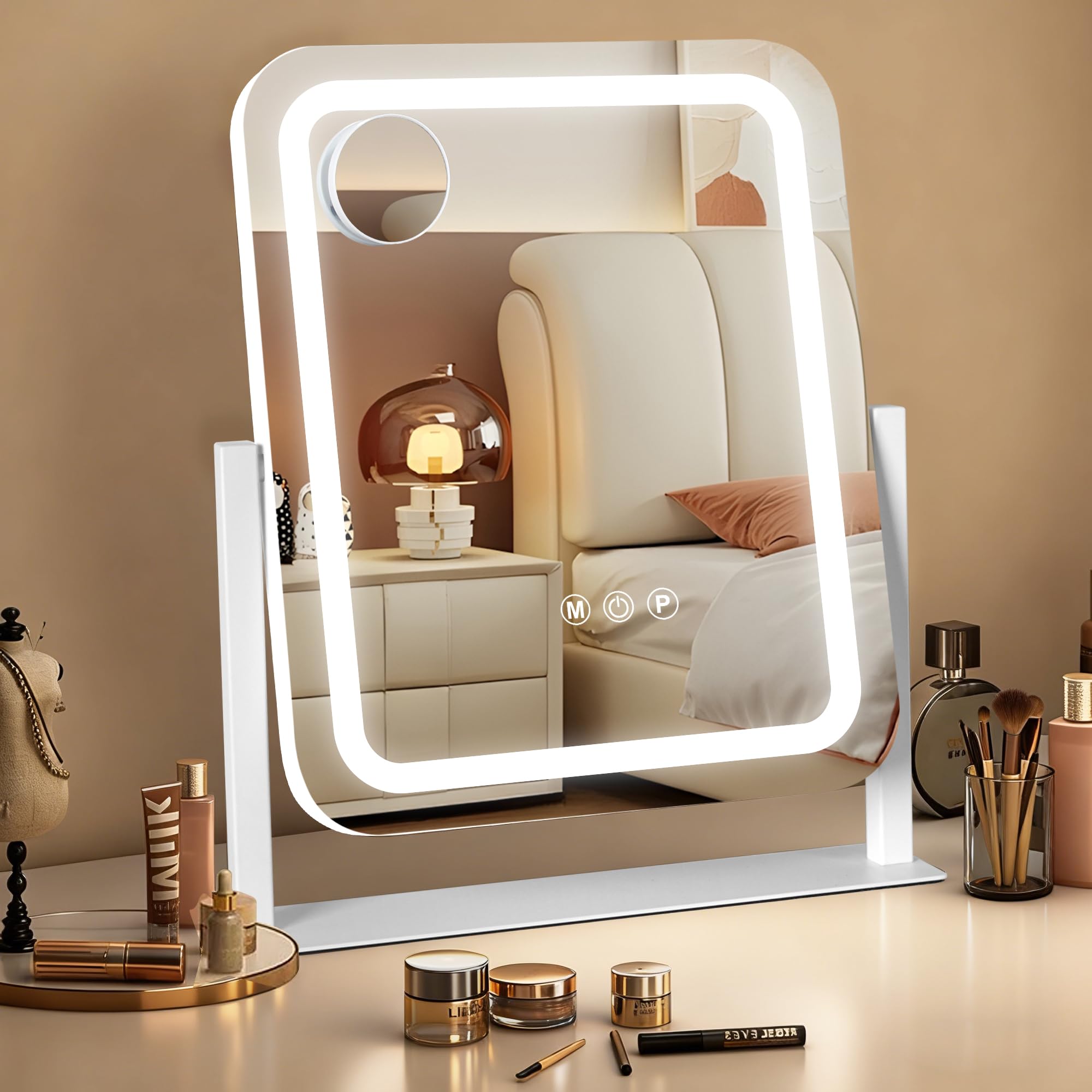 Ratsamee 13" x 15" Vanity Mirror with Lights, Led Makeup Mirror, Lighted Makeup Mirror with 3 Color Dimmable Lights, Smart Touch Screen Control, Smart Touch Screen Control, 360°Rotation