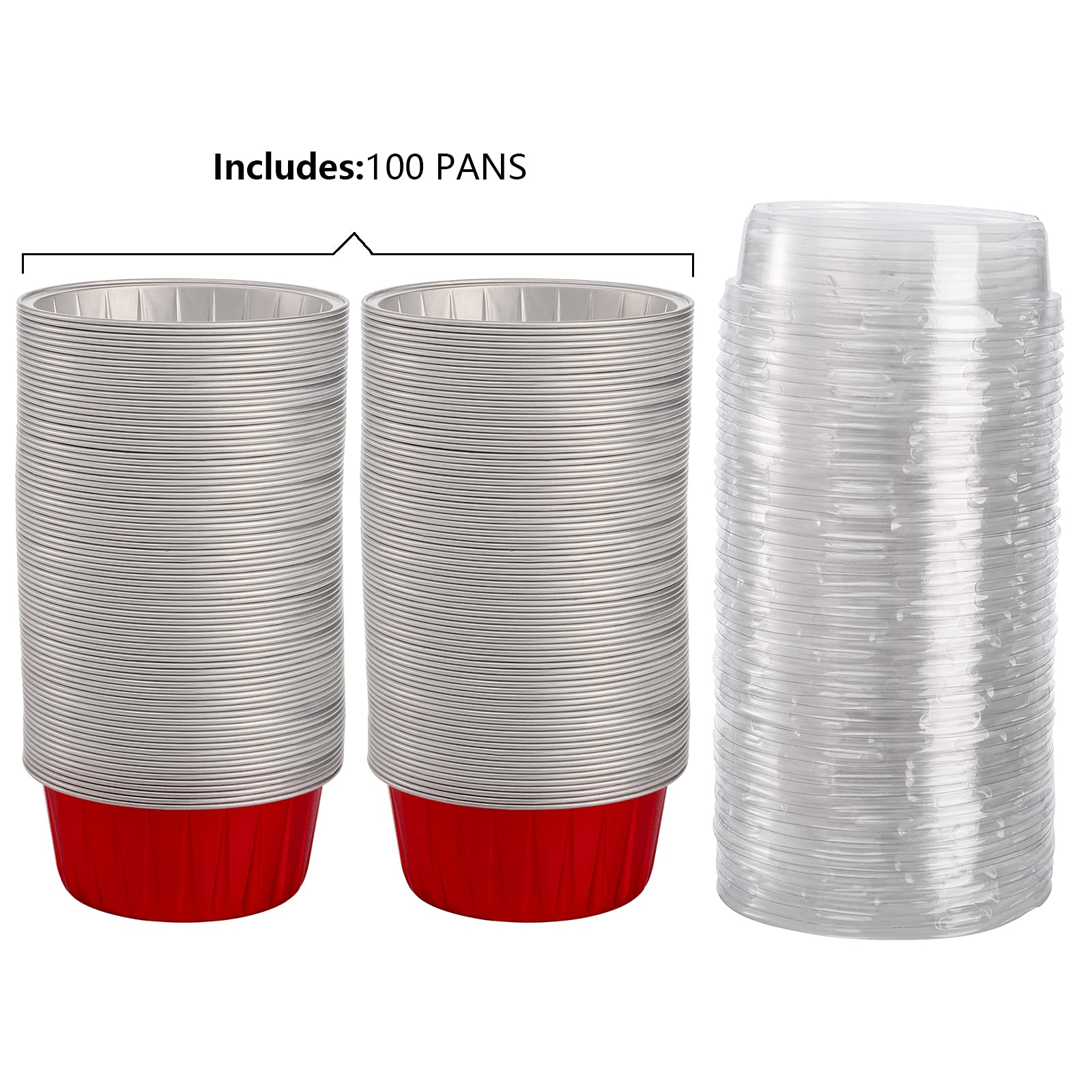 DEAYOU 100 Pieces Aluminum Foil Baking Cups with Lids, 5oz Disposable Ramekins Muffin Cups, 3" Cupcake Foil Liners Tart Pie Tin Pan Holder for Pudding, Souffle, Party, Wedding, Red Color