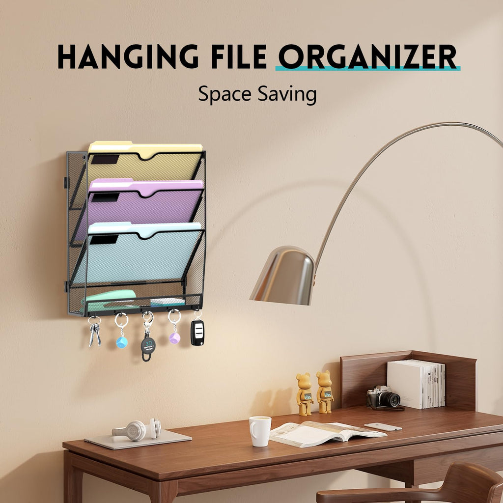 4 Tier Hanging Wall File Organizer with 5 Hooks, Mesh Wall File Holder Vertical Paper Organizer for Mail, Folders, Magazines, Bills, Office and School