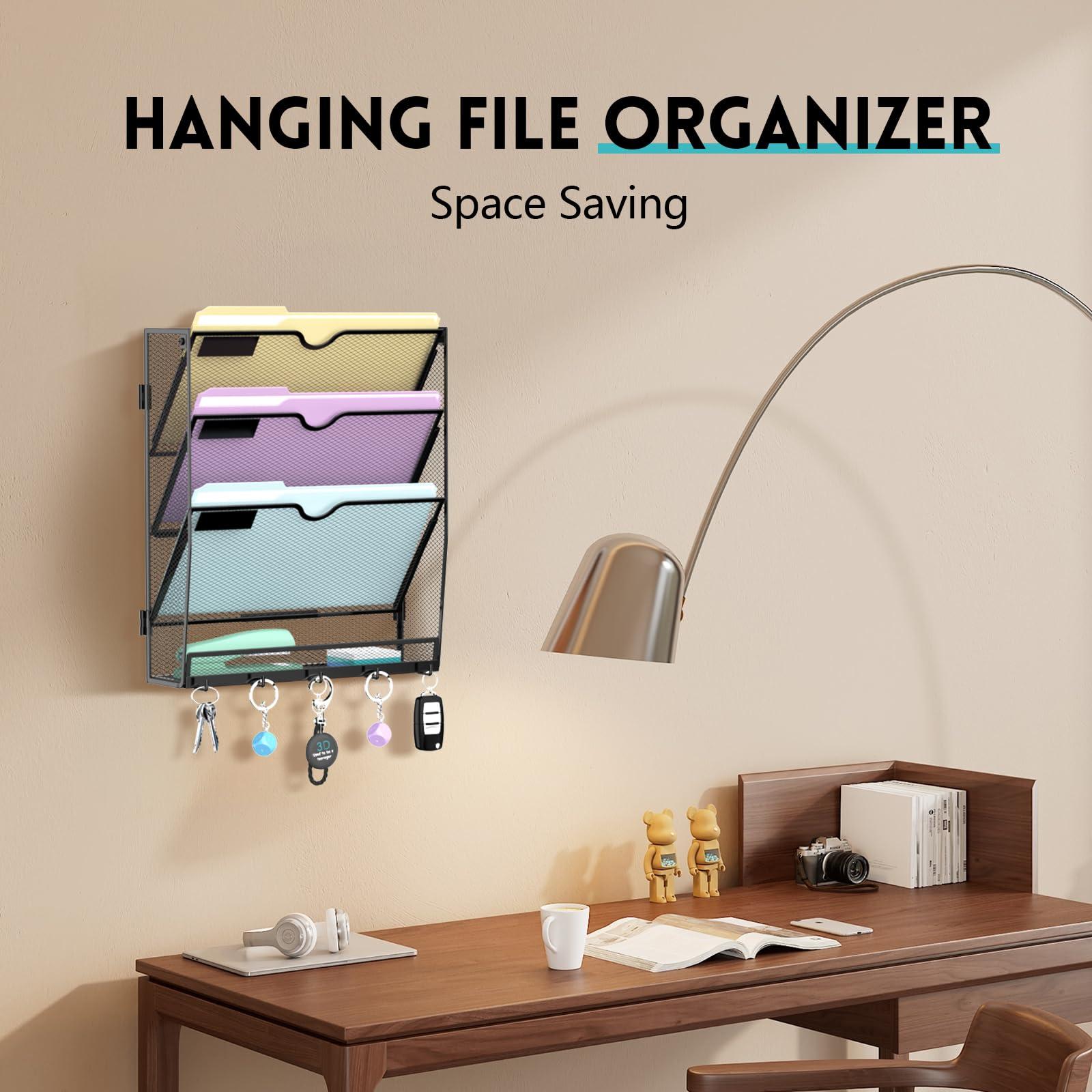 4 Tier Hanging Wall File Organizer with 5 Hooks, Mesh Wall File Holder Vertical Paper Organizer for Mail, Folders, Magazines, Bills, Office and School