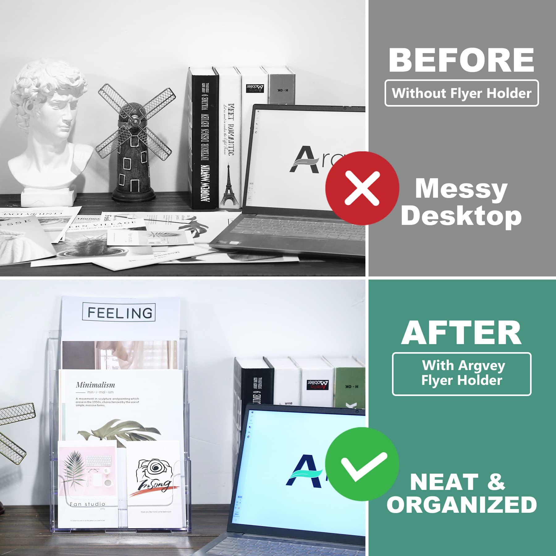 Acrylic Brochure Holder 8.5 x 11 inches, 3 Tier Clear Literature Holder with Removable Divider for Trifold 4 Inches Wide Pamphlet, Plastic Flyer Display Stand for Magazine, Document, Booklet