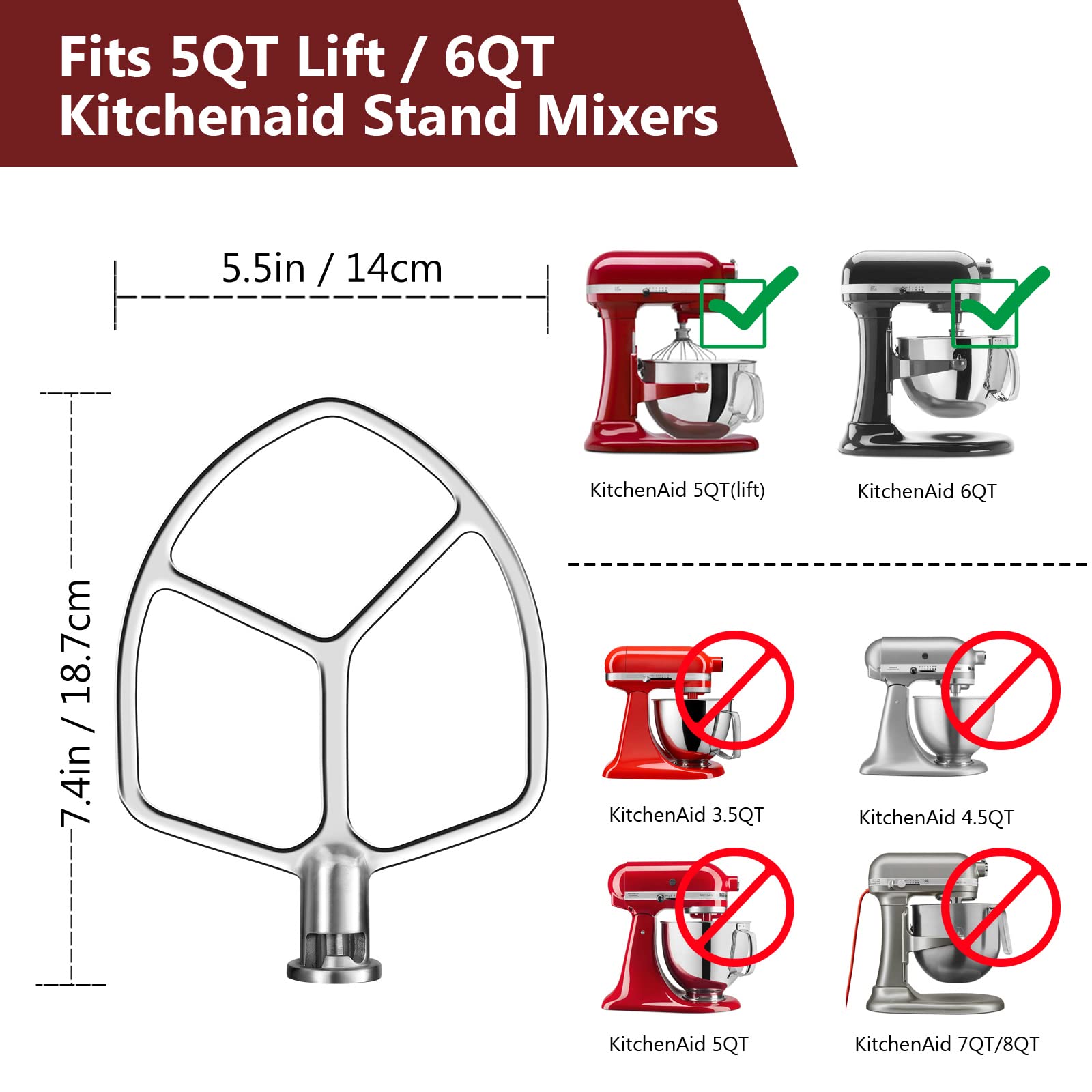 LETOMS Stainless Steel Paddle Attachment for Kitchenaid Stand Mixers 5QT Lift and 6QT, Flex Edge Beater Compatible with KitchenAid, Accessory for Bread, Pizza, Pasta & Biscuits, Dishwasher Safe