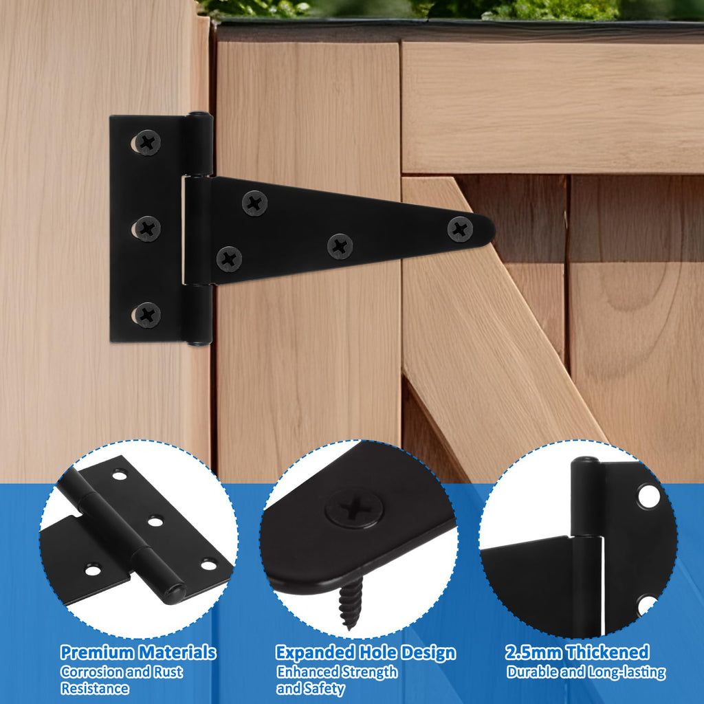 4 Pack T-Strap Hinges 8 Inch Gate Hinges Heavy Duty Barn Door Hinges, Thickened 20cm Shed Door Hinges, Black Metal Fence Hinges for Wooden Fences, Shed Door, Windows Garden Cabinet Door