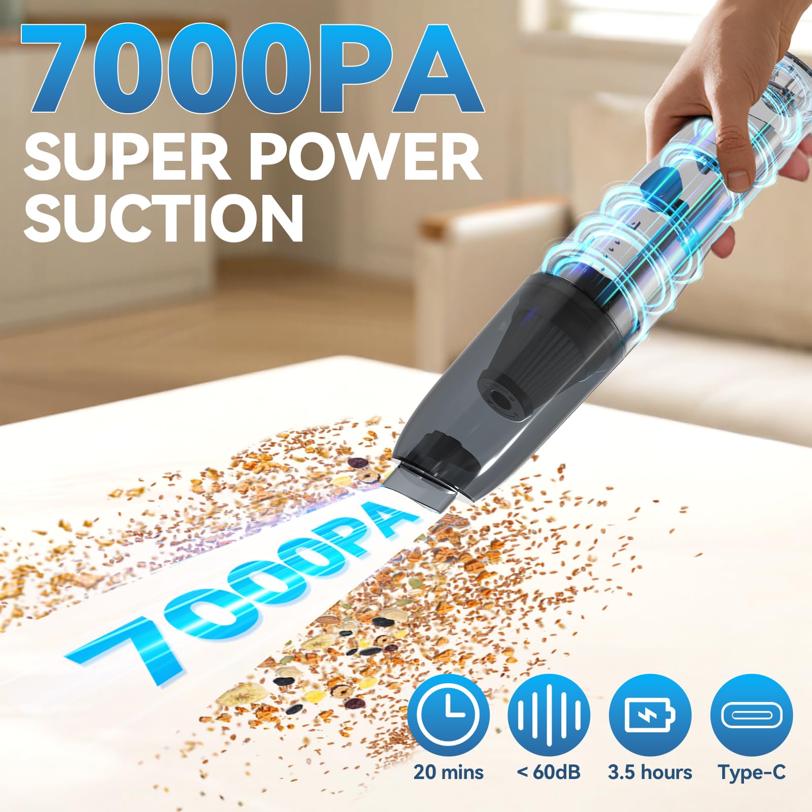 Blozor H2 Handheld Vacuum Car Vacuum, Mini Cordless Vacuum Cleaner with High-Speed Brush Motor Visual Dust Storage Silo Type-C Charge for Car Interiors, Sofas, Tabletops, Keyboards-Blue Gray