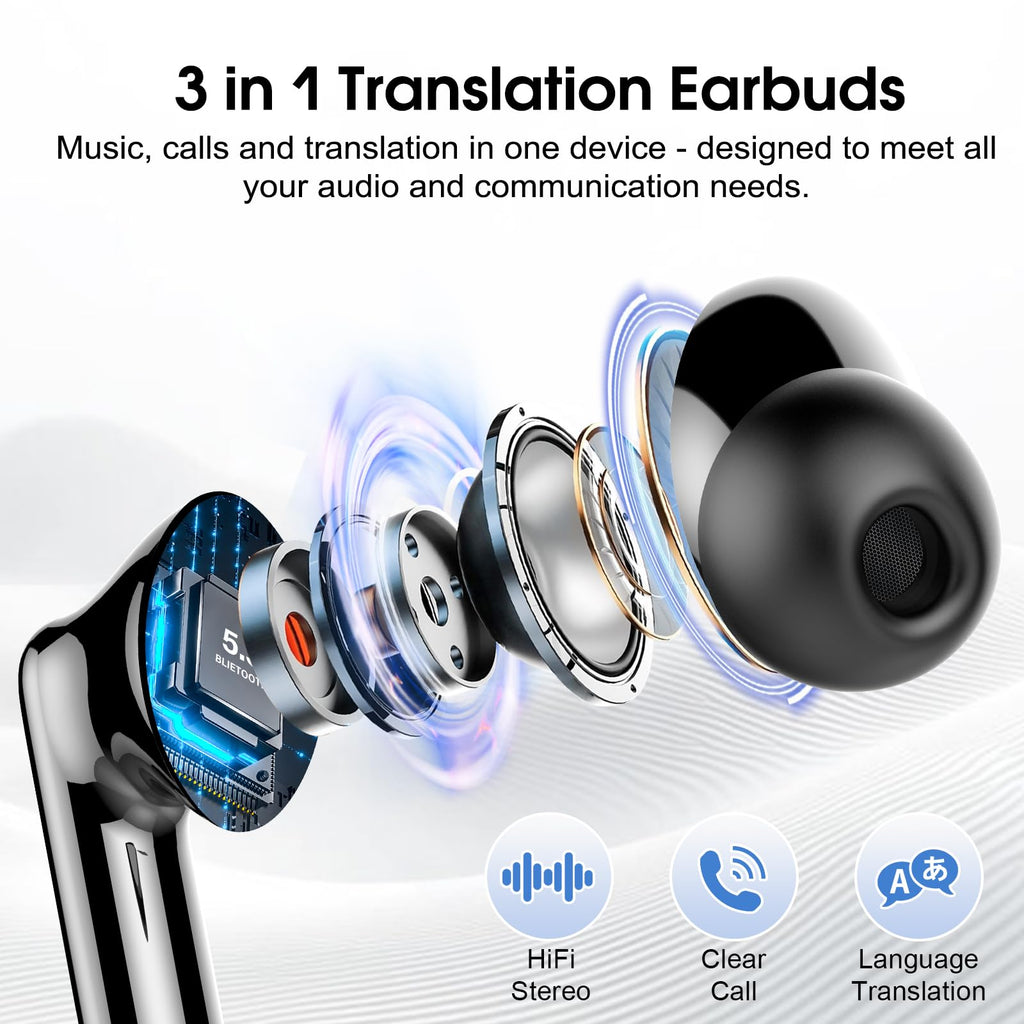 AI Language Translator Earbuds Real Time, 3 in 1 Simultaneous Interpretation Translator Earbuds with 164 Languages/6 Translation Modes, 40H Translation Headphones with ENC Mic Business/Learning/Travel