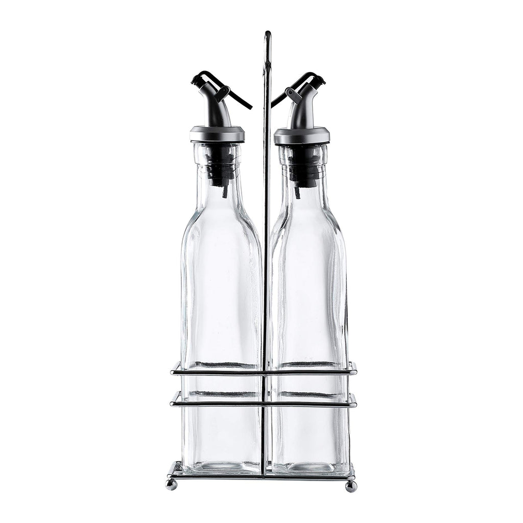 Gala Houseware Oil Dispenser and Vinegar Dispenser Set with Chrome Plated Rack Stand, 2 Piece Olive Oil Dispenser Bottles, Soy Sauce Dispenser Glass Bottles with Drip-Free Pourers,