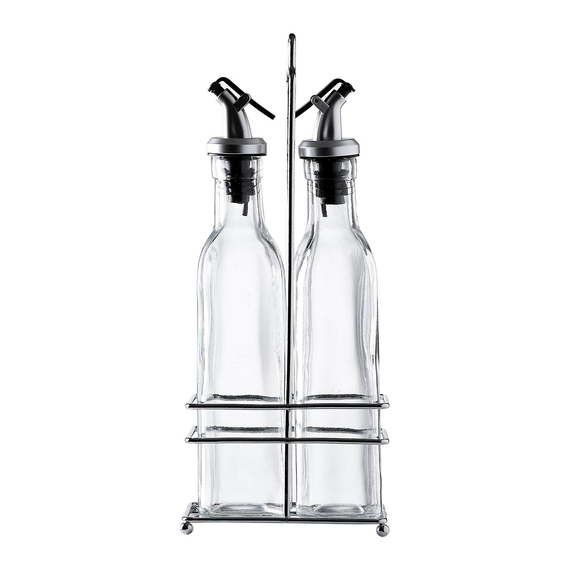 Gala Houseware Oil Dispenser and Vinegar Dispenser Set with Chrome Plated Rack Stand, 2 Piece Olive Oil Dispenser Bottles, Soy Sauce Dispenser Glass Bottles with Drip-Free Pourers,