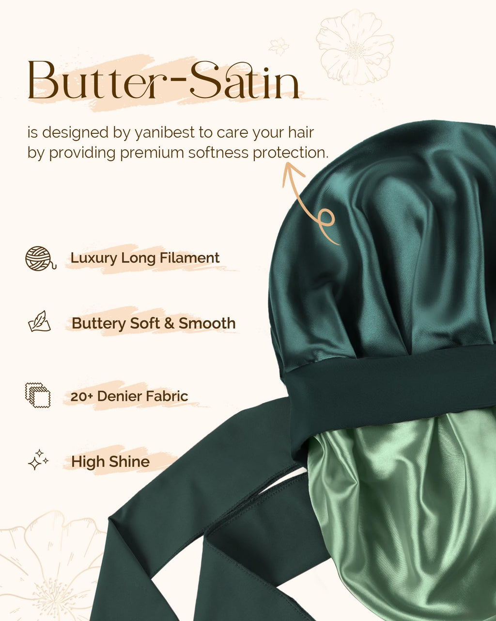 YANIBEST Silk Satin Bonnet for Sleeping Double Layer Hair Bonnet with Elastic Tie Band for Curly Natural Hair