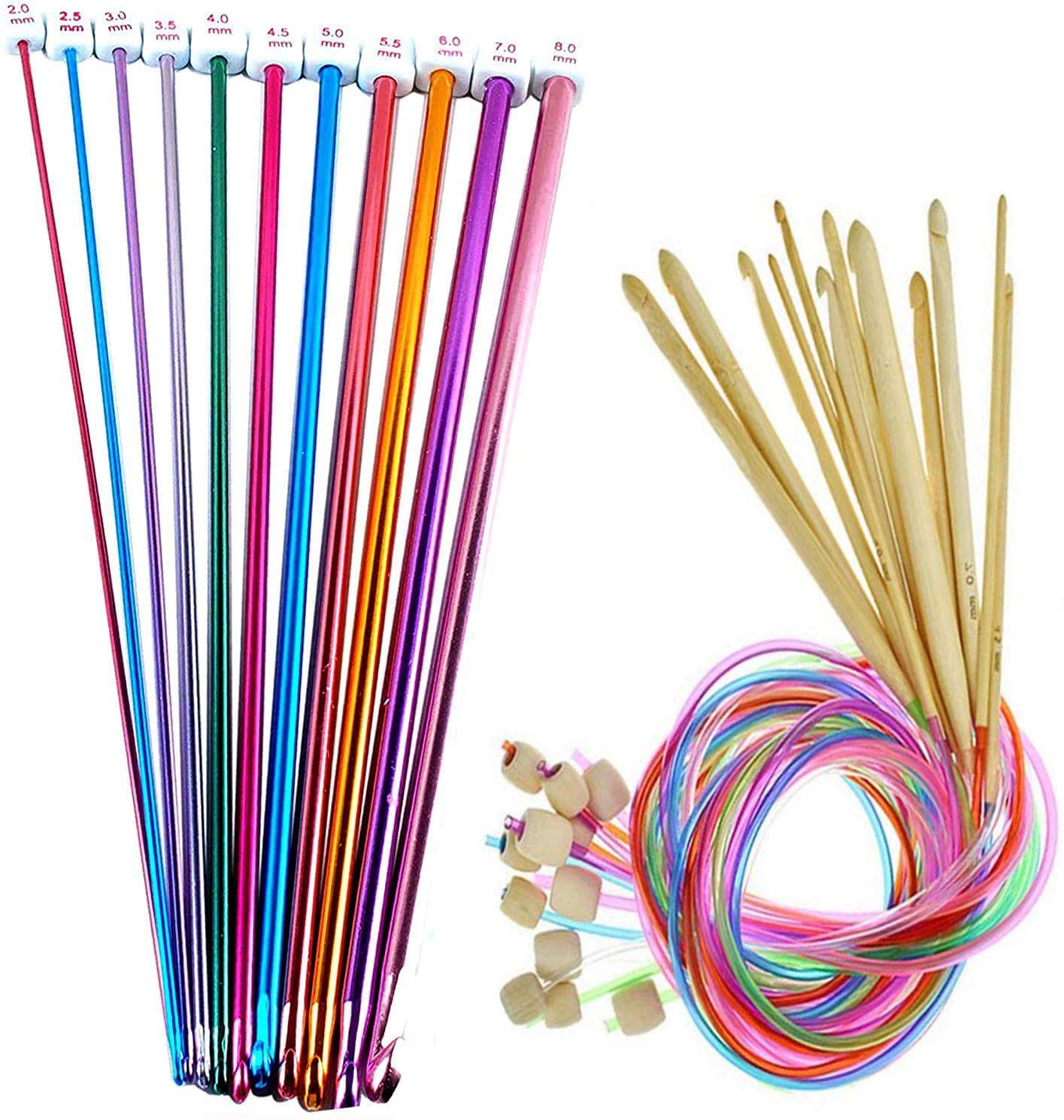 23 Pcs Tunisian Crochet Hooks Set, 11 Aluminum Tunisian Crochet Hook and 12 Tunisian Bamboo Crochet Hook with Cable & Beads Stocking Stuffers for Beginners, Size 2-10mm