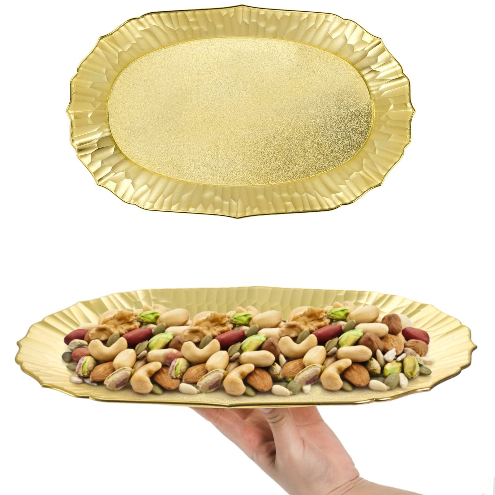 AVLA 6 Pack Gold Plastic Serving Platters, Reusable Party Snack Trays, Decorative Food Appetizer Platters for Dessert Table, Cupcake, Charcuterie, Cookies, 14" x 8.5"