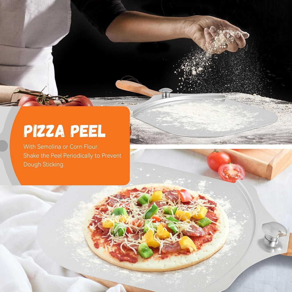 Professional Aluminum Pizza Peel, 30.5 x 35.5 cm Metal Paddle with Foldable Wood Handle and Rocker Cutter for Baking Homemade Pizza and Bread