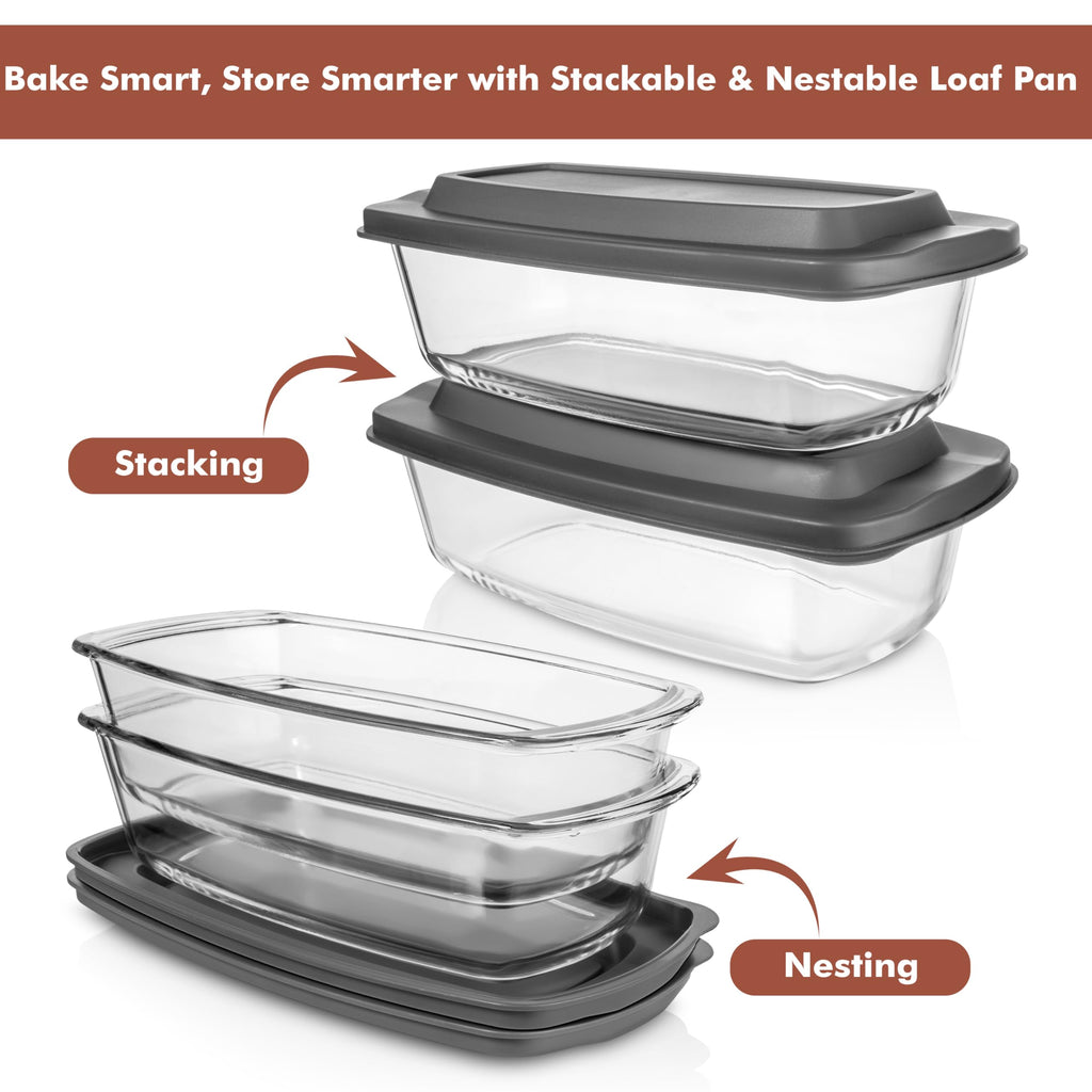 Razab 7.6 Cups / 1800ml / 1.9 Qt Large Glass Loaf Pan with Lids (Set of 2) - BPA-Free Meatloaf Pan with Easy-Grip Handle - 10 x 5 in Bread Baking Pan, Microwave & Oven Safe