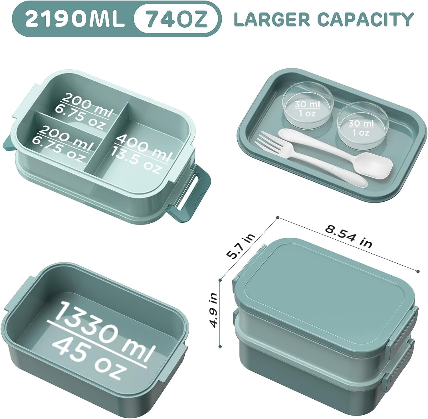 JSCARES Lunch Box Adults Bento Box - All-in-One Stackable 74 OZ Lunch Box Containers for Adult Large Bento Box with Fork Spoon Sauce Boxes, Leakproof Lunchbox for Work School Dining Out (Green)