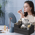 Black Plastic Vanity Makeup Organizer, 6-Compartment Holder for Brushes, Eyeshadow Palettes, & Beauty Supplies, Easy to use with drawer organizer tray