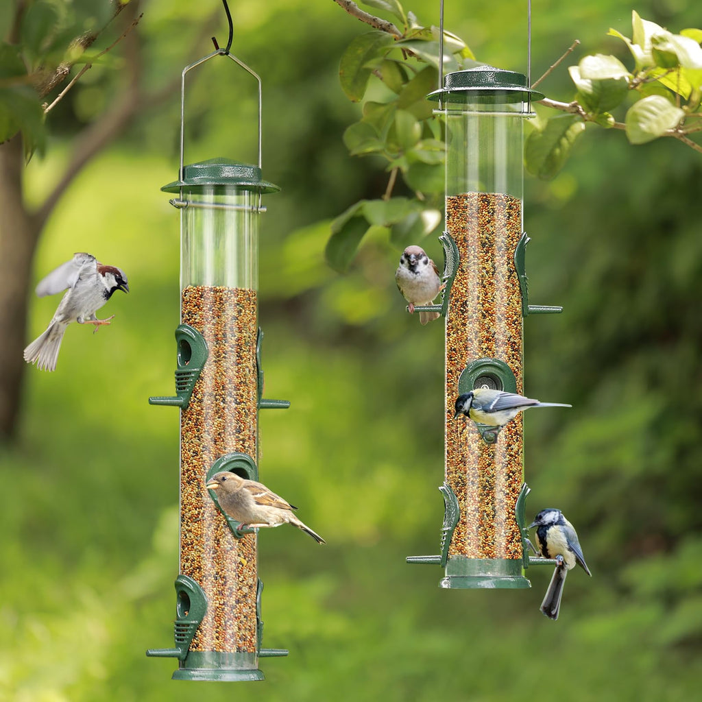 ERYTLLY Metal Bird Feeders 6 Port Tube Bird Feeder for Wild Birds, 1.4mm Extra Thick Solid Tube Transparent with Steel Hanger Bird Feeders Squirrel Proof for Outside Green