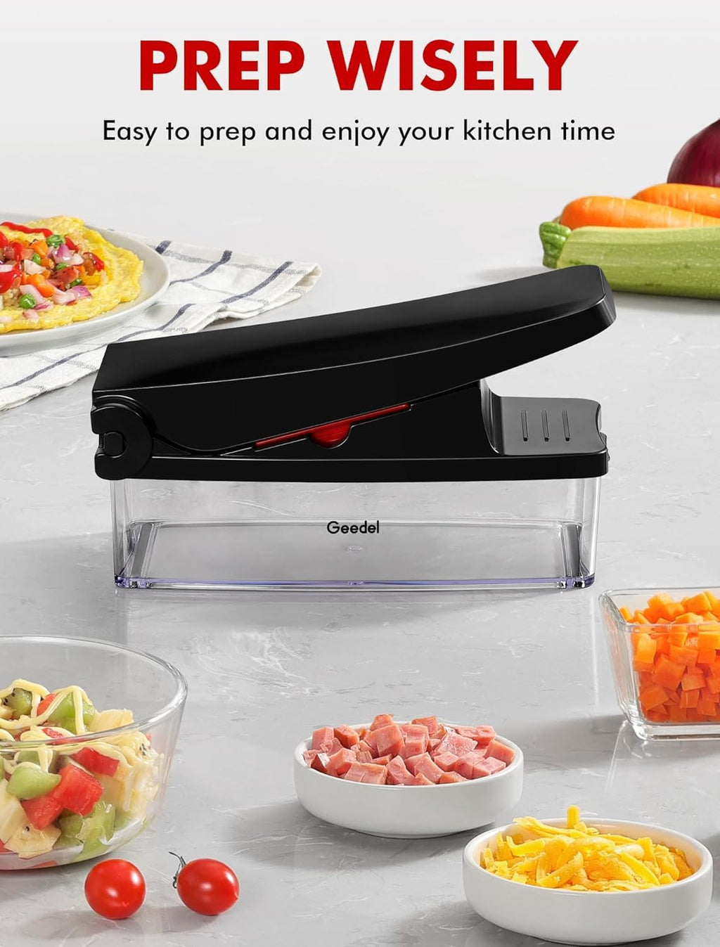 Vegetable Chopper, Food Onion Cutter, Vegetable Mandoline Slicer Dicer, Kitchen 4 in 1 Veggie Chopper with Container for Potato Salad Carrot, Red