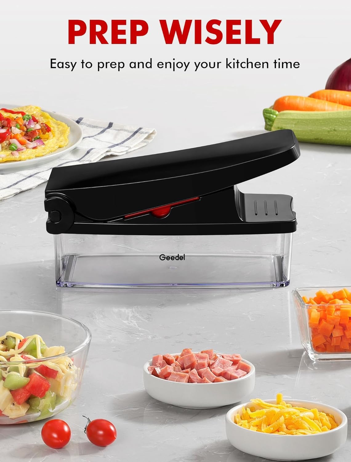 Vegetable Chopper, Food Onion Cutter, Vegetable Mandoline Slicer Dicer, Kitchen 4 in 1 Veggie Chopper with Container for Potato Salad Carrot, Red