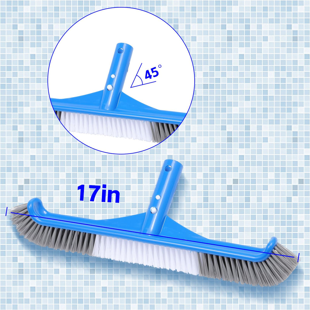 2 Pack Pool Brush, 16.5" Pool Brushes for Wall Cleaning, Premium Nylon Bristles Brush Head with Easy Clip, Curved Ends High-Efficiency Pool Scrub Brush (White, Gray & White)