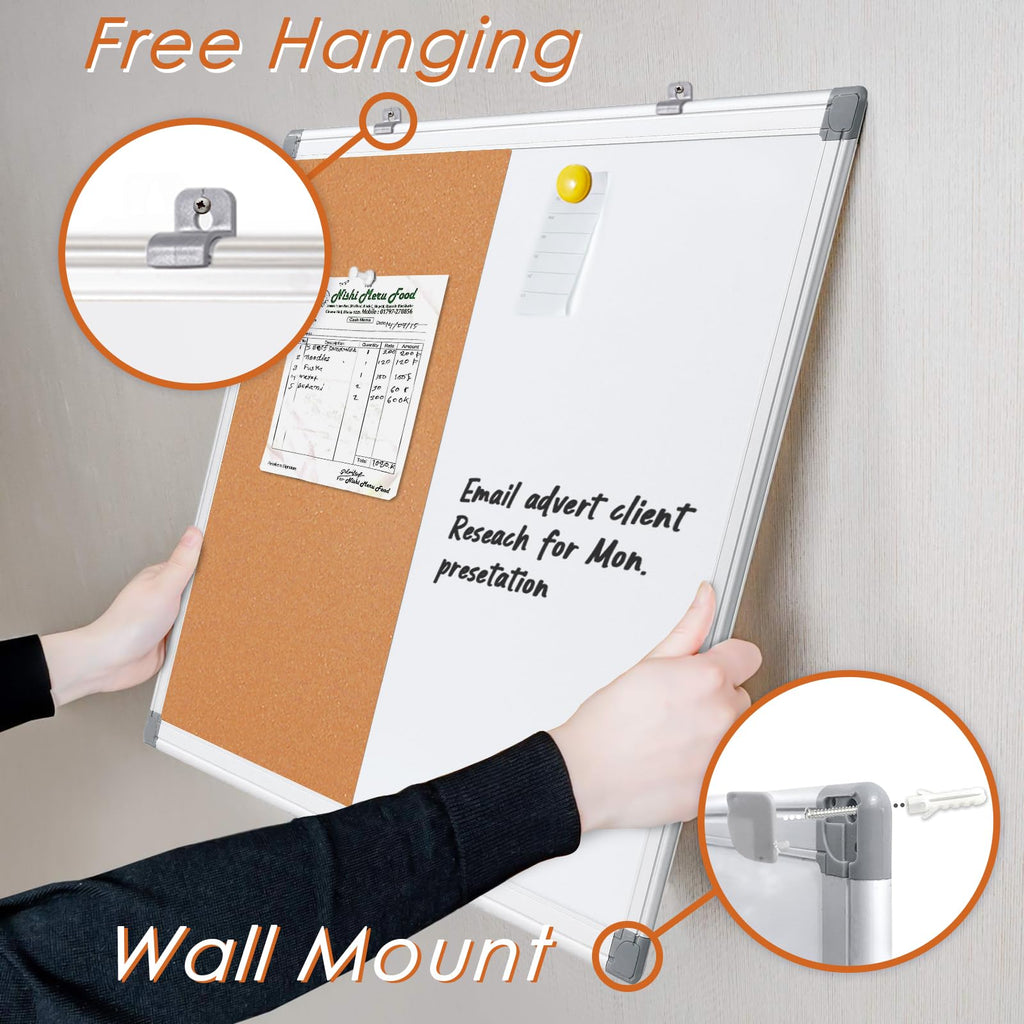 Cork Board and Dry Erase Board Combo Bulletin Board Combination Magnetic WhiteBoard Pin Notice Board for Home Office School with 4 Dry Erase Maker+6 Magnets+12 Pushpins, 24x18inches