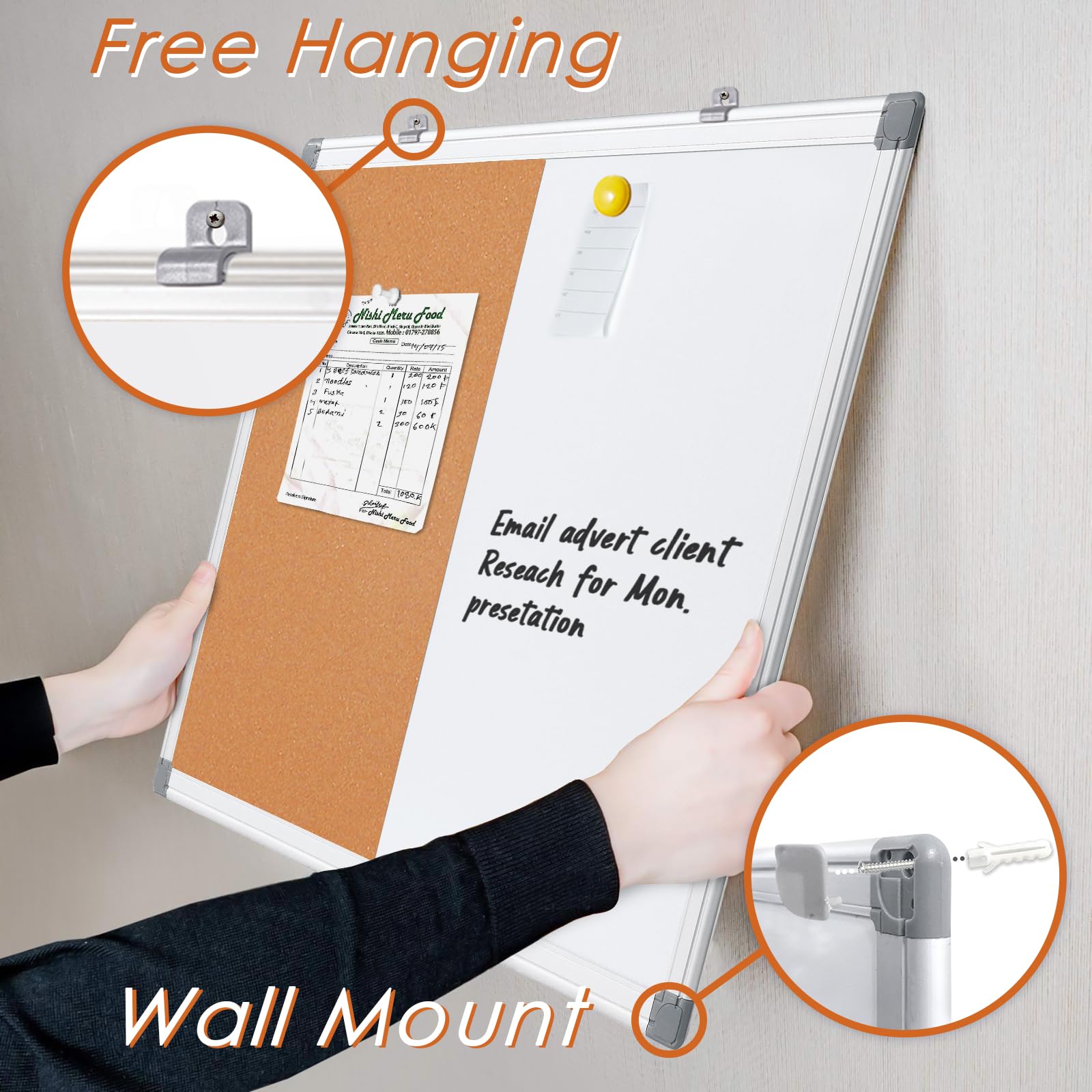 Cork Board and Dry Erase Board Combo Bulletin Board Combination Magnetic WhiteBoard Pin Notice Board for Home Office School with 4 Dry Erase Maker+6 Magnets+12 Pushpins, 24x18inches