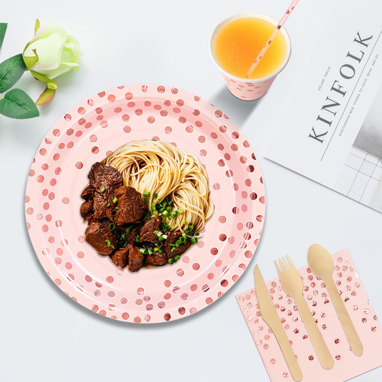 Nkaiso193Pcs Pink and Rose Gold Party Tableware, Party Paper Plates and Cutlery Set Includes Plates Cups Dinnerware Napkins, for Birthday Wedding Babyshower Decorations Supplies-24 Guests