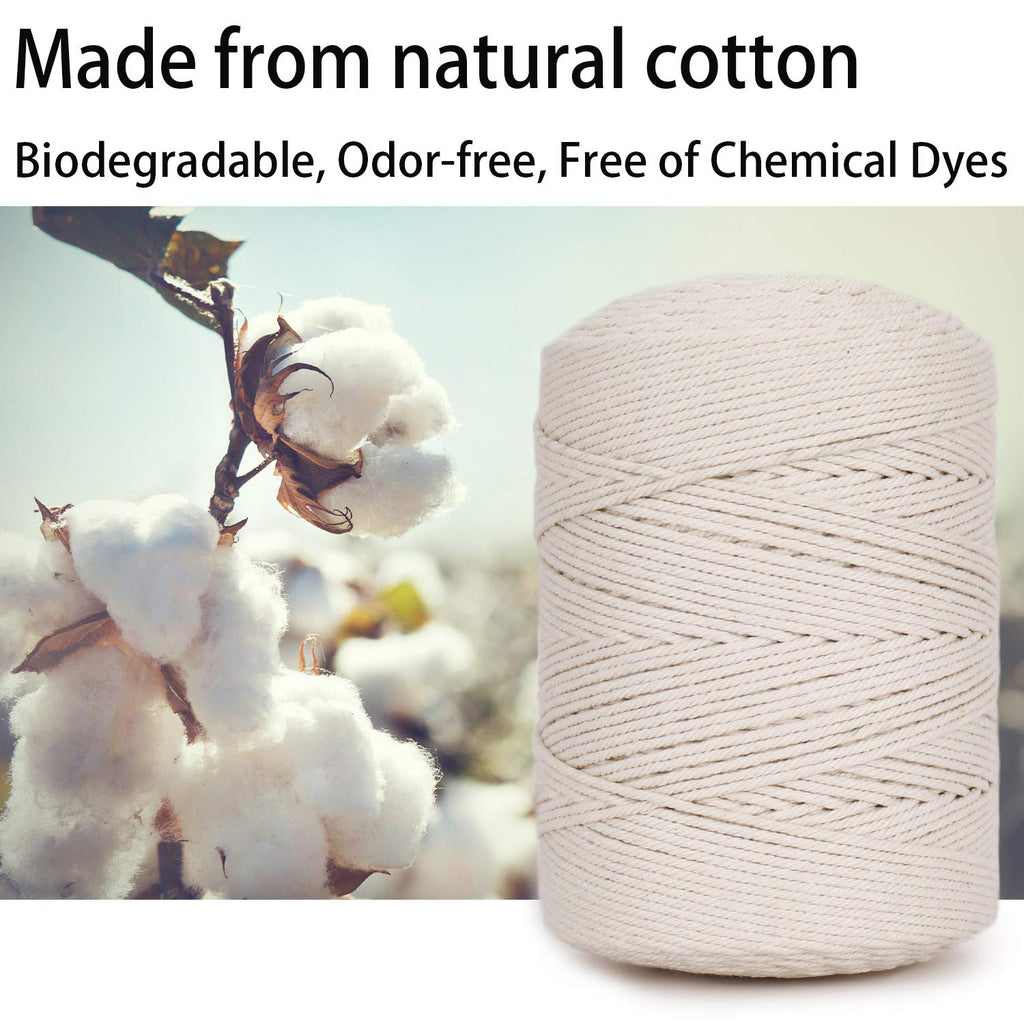 Macrame Cord 3mm X 547yd Not Dyed 100% Natural Cotton Macrame Rope, 4 Strand Twisted Cotton Cord Rope for Handmade Wall Hanging,Plant Hangers, Crafts, Knitting, Gift Wrapping(3mm X 500m)
