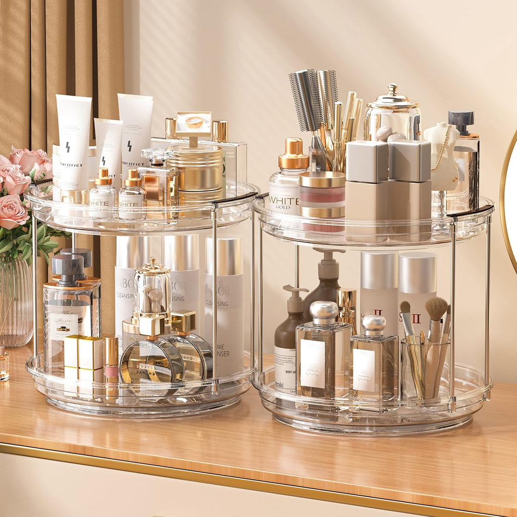 KEGFRES Lazy Susan 2 Tier Organizer Turntable Organization for Cabinet, Rotating Spice Rack Kitchen,Pantry, Bathroom,Makeup Vanity Countertop, Under Sink Organizing(Clear, 9.25in-1Pack)