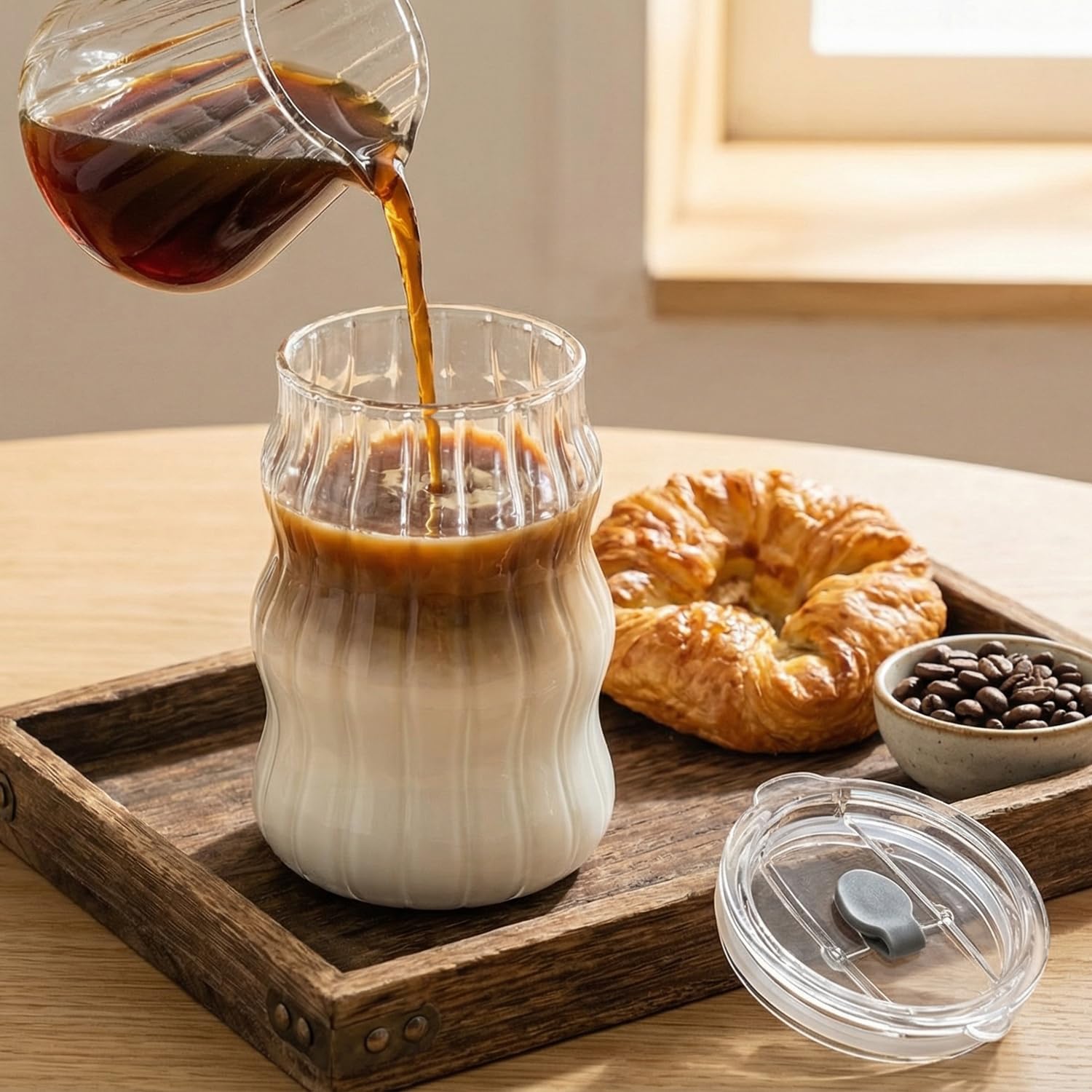 2 Pack Cloud Glass Cups with Lids and Straws - 18oz Ripple Glass Tumbler for Iced Coffee, Matcha, Smoothies - Aesthetic Ribbed Drinking Glasses, Also for Overnight Oats Containers with Lids