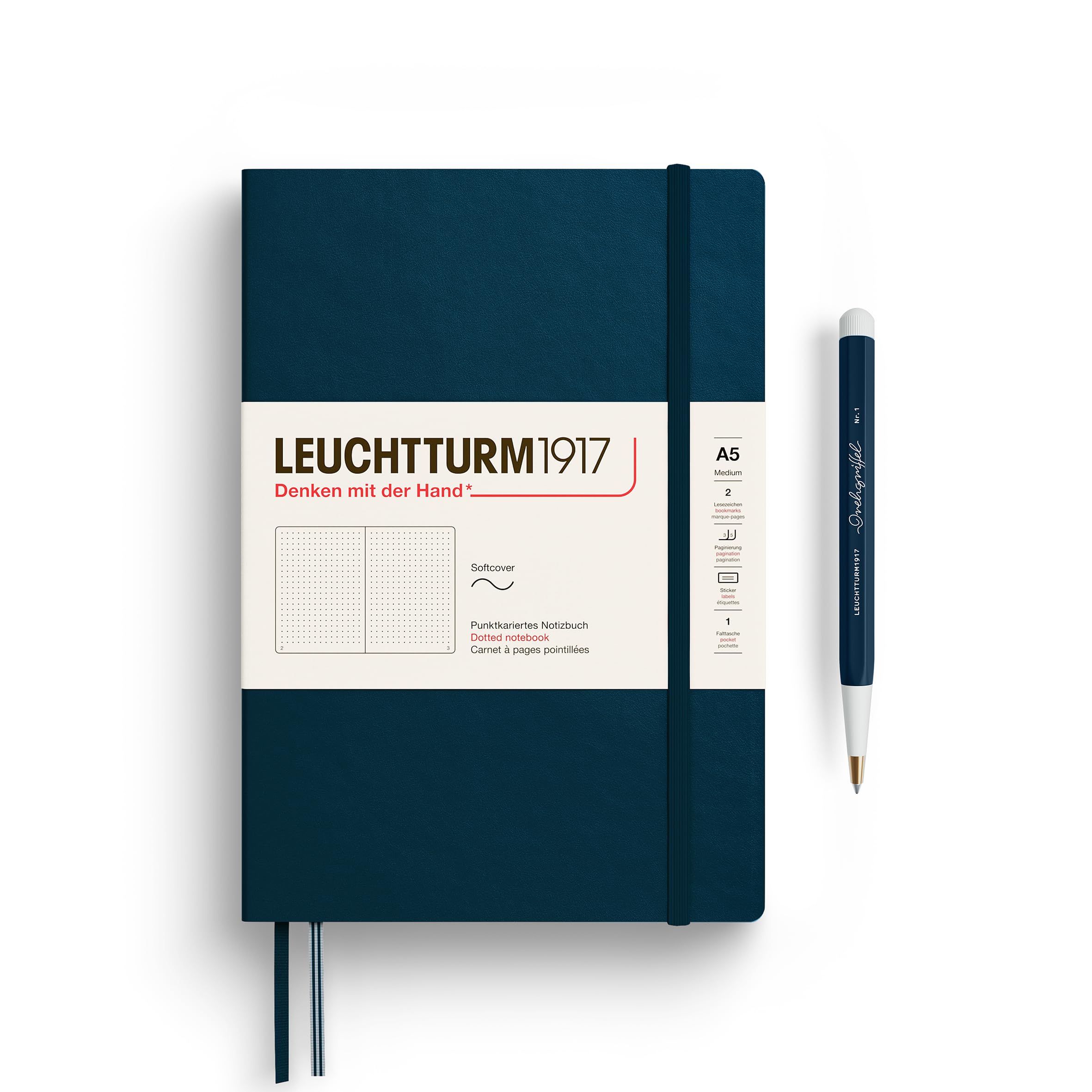 LEUCHTTURM1917 - Notebook Softcover Medium A5-123 Numbered Pages for Writing and Journaling (Dotted, Deep Sea)