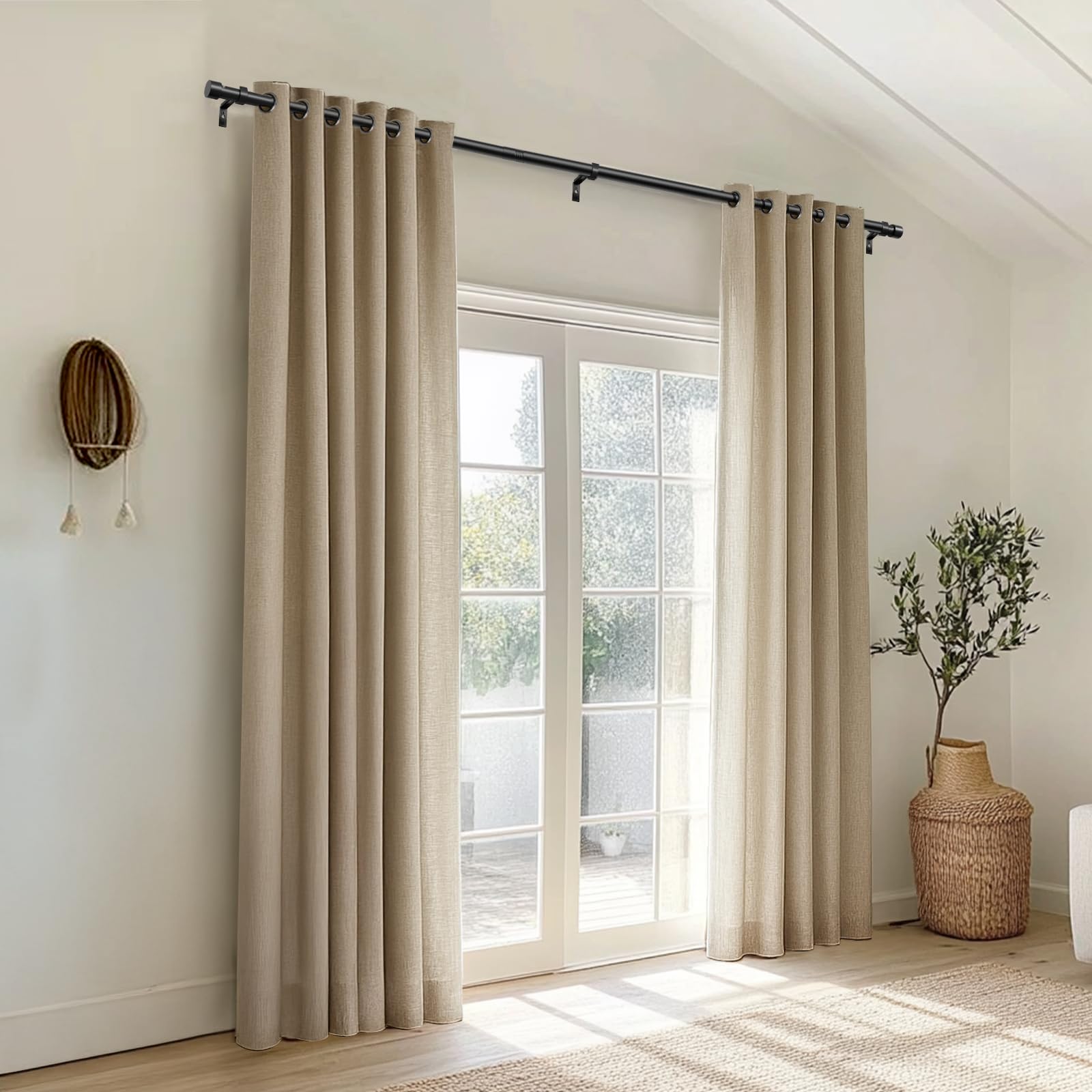 Zeerobee Curtain Rods for Windows 48 to 84, 1 Inch Black Heavy Duty Drapery Rods with Adjustable Length, Outdoor Modern Curtain Pole with Simple End Caps, 32"-86", Black