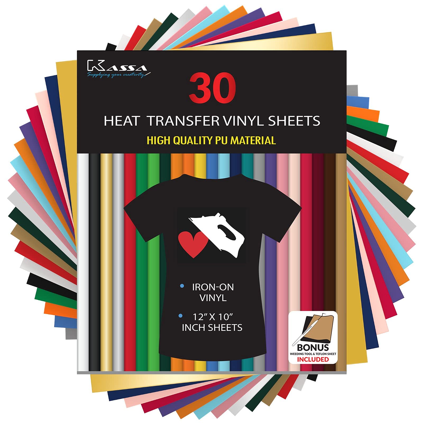 Kassa HTV Assorted Colors Heat Transfer Vinyl: 30 Sheets, 12x10 inches Each; Iron-On or Heat Press Vinyl for T-Shirts, Clothing & Textiles; Includes Teflon Sheet & Weeding Tool for Easy Transfers