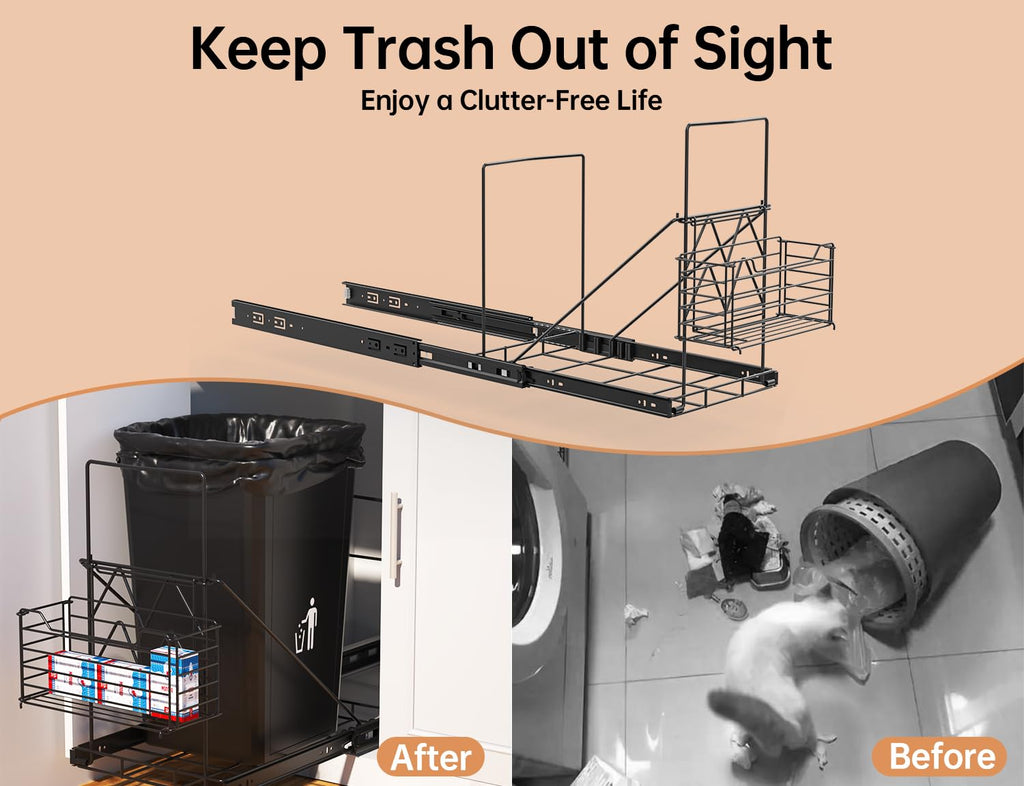 Cabinet Trash Can Pull Out Kit with Removable Garbage Bag Holder Under Sink Trash Can Pull Out Slider for 28–44 Quart Cans Up to 125 lb (Can Not Included) (Black)