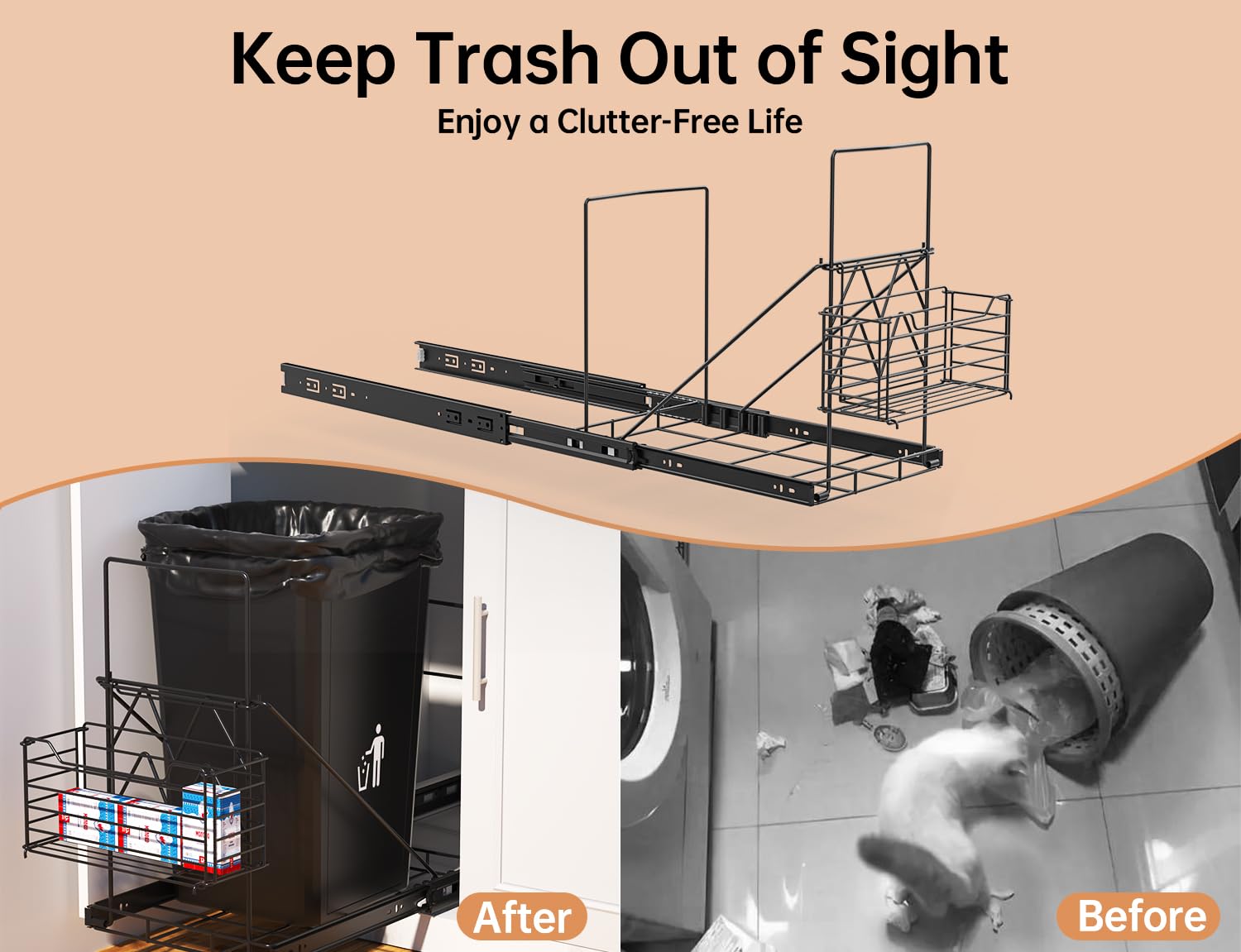 Cabinet Trash Can Pull Out Kit with Removable Garbage Bag Holder Under Sink Trash Can Pull Out Slider for 28–44 Quart Cans Up to 125 lb (Can Not Included) (Black)