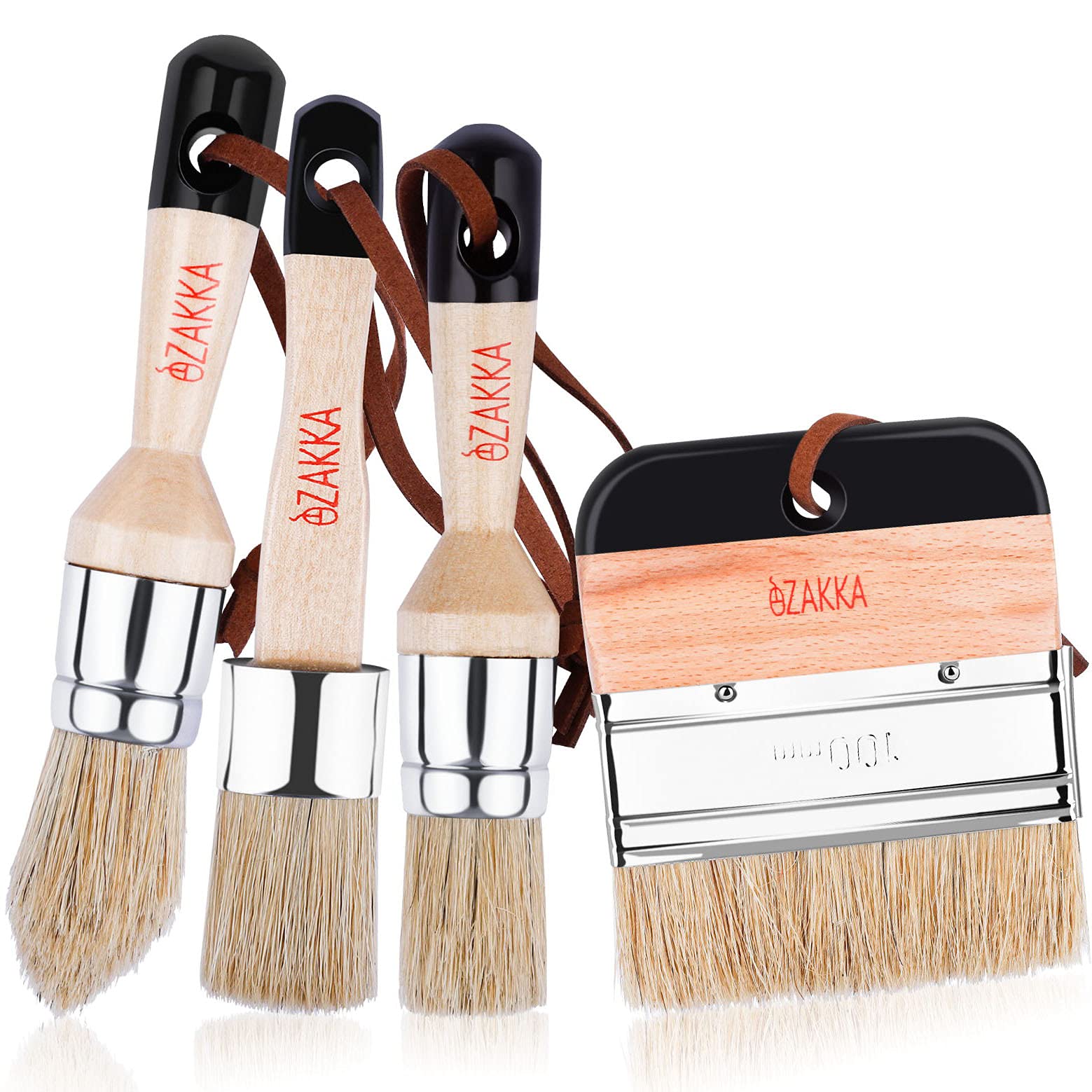 eZAKKA Natural Bristles Wax & Chalk Paint Brush 4-Pack, 1.2‘’, 3.9'' Round & Flat Chip Paint Brushes Set for Furniture Walls Ceilings, 3-Small & 1-Large Paintbrushes for Stain Milk Paint