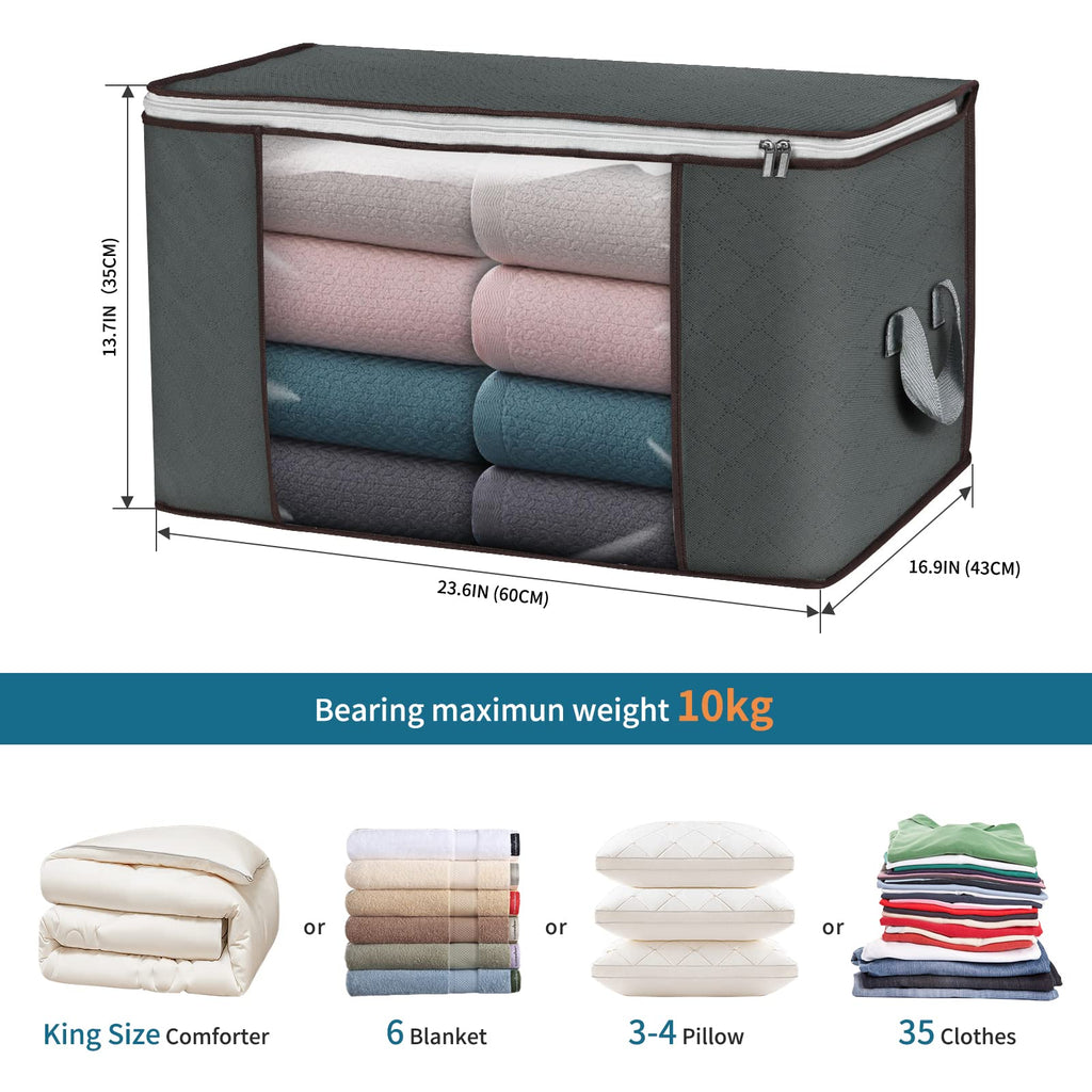 Large Storage Bags 4 Pack Clothes Storage Bins Foldable Closet Organizers Storage Containers with Sturdy Handles Thick Fabric for Blanket Comforter Clothing Bedding 90 L (Gray)