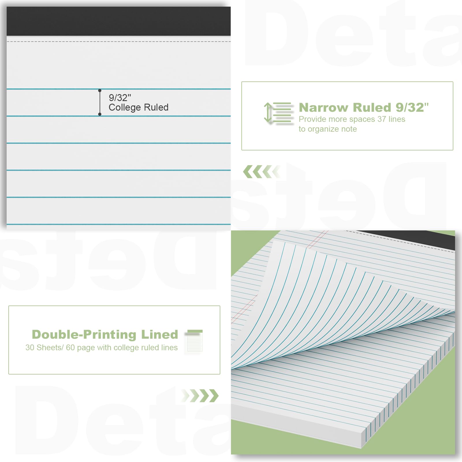 Legal Pads 8.5 x 11 College Ruled Note Pads, 6 Pack Notepads 8.5 x 11 Lined Paper Narrow Ruled Writing Pads, 30 Sheets Per Note Pad, Micro Perforated White Legal Pad 8.5 x 11 for Work/School/Office