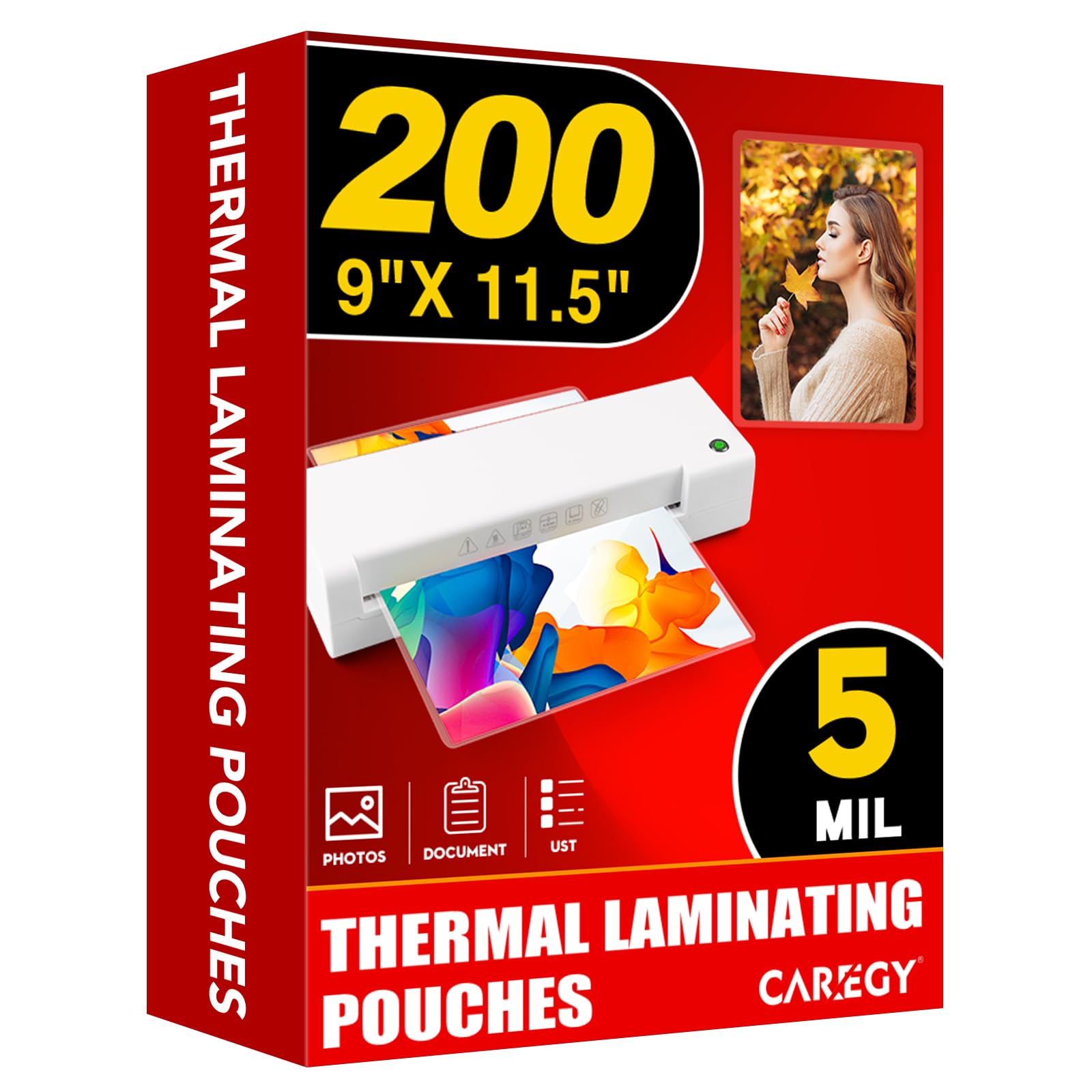 CAREGY 5 Mil Thermal Laminating Pouches (200 Pack) - 9x11.5 Inch Laminating Sheets for 8.5x11 Documents, Clear,Office & School Laminator Supplies