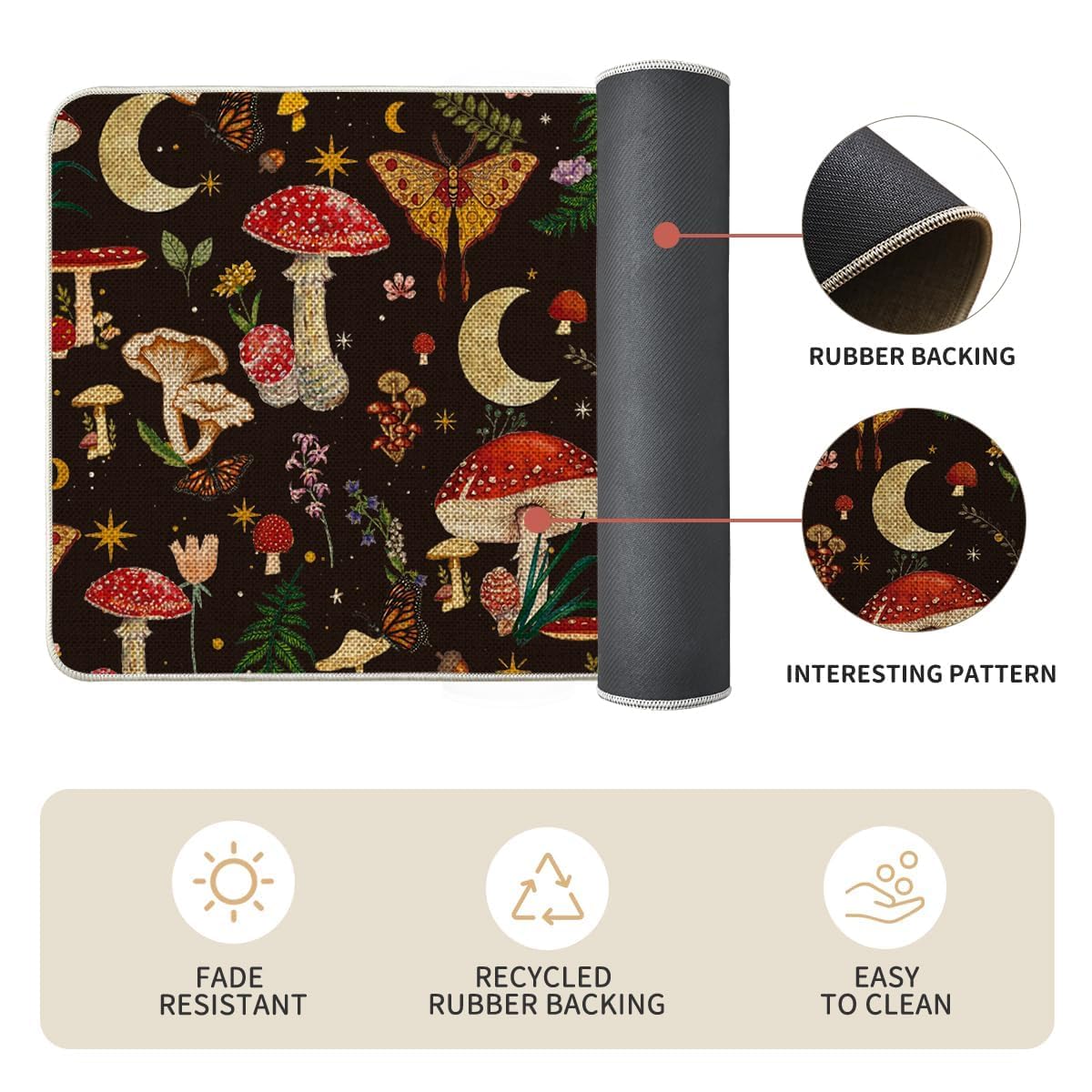 Artoid Mode Black Mushrooms Butterfly Spring Kitchen Mats Set of 2, Home Decor Low-Profile Kitchen Rugs for Floor - 17x29 and 17x47 Inch