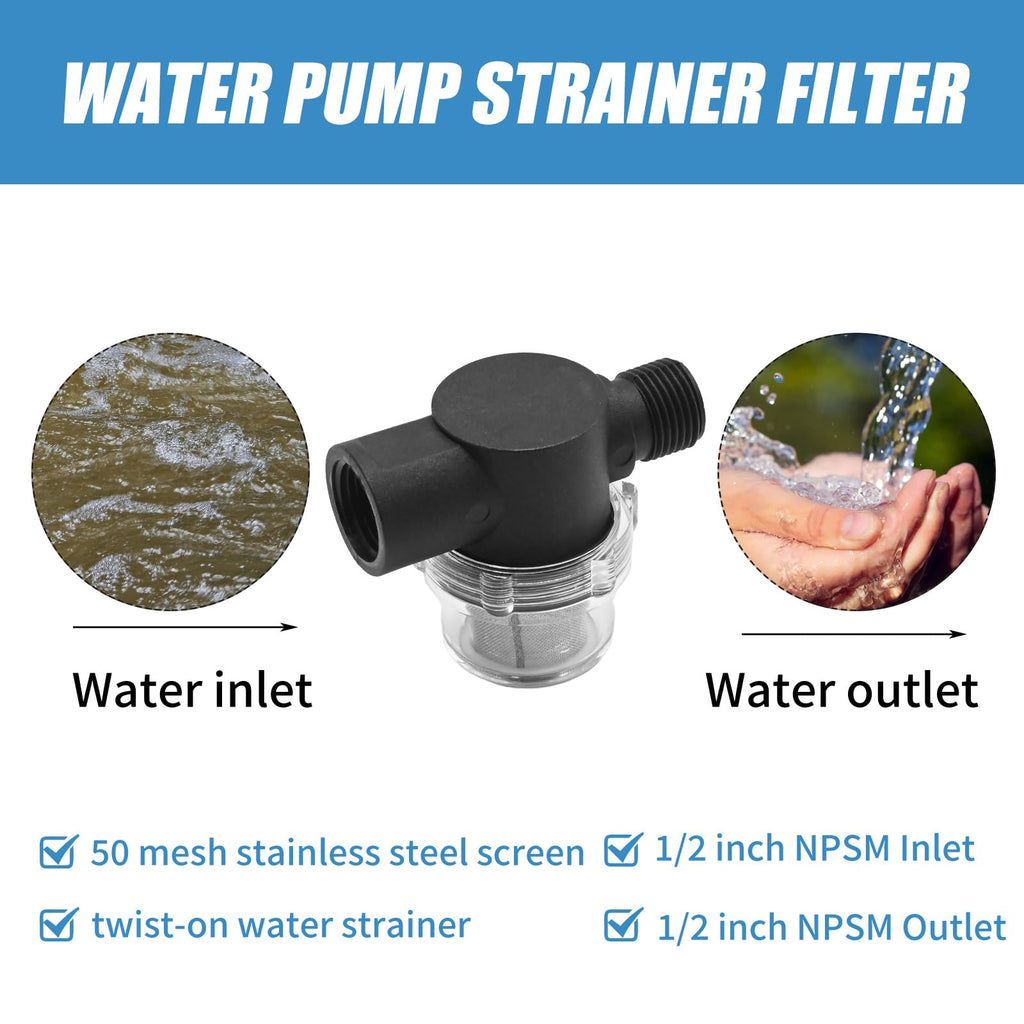 CADUFUELLY Water Pump Strainer Filter, RV Replacement 1/2 inch Twist-On Pipe Strainer with Pump Strainer Replacement for WFCO and Shurflo Pumps (2 PCS, 80 Mesh)