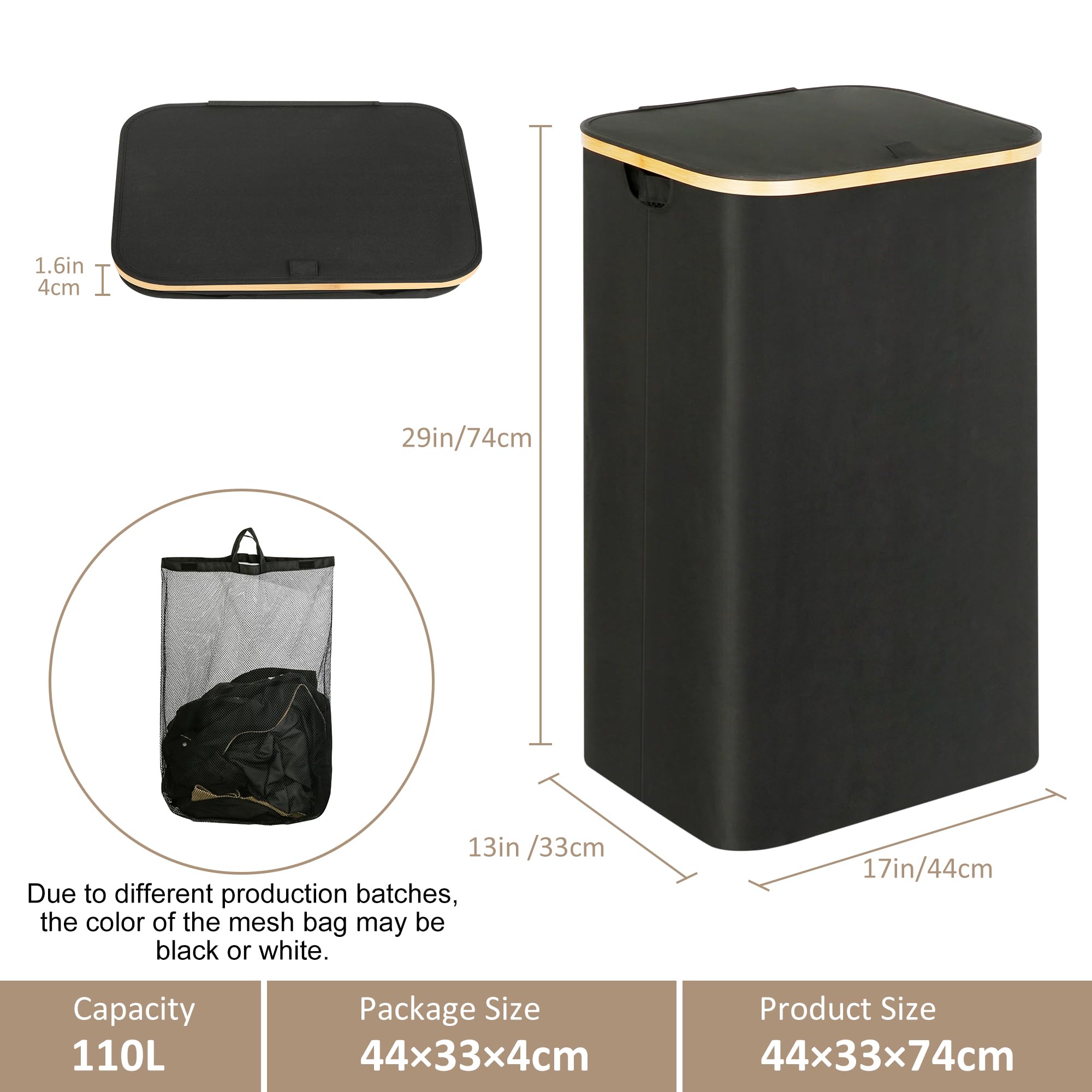 Laundry Hamper with Lid - Waterproof Freestanding Laundry Basket with Removable Liner Bag, Collapsible 110L Large Clothes Storage Laundry Bin with Easy Carry Bamboo Handle for Clothes Toys Organizer