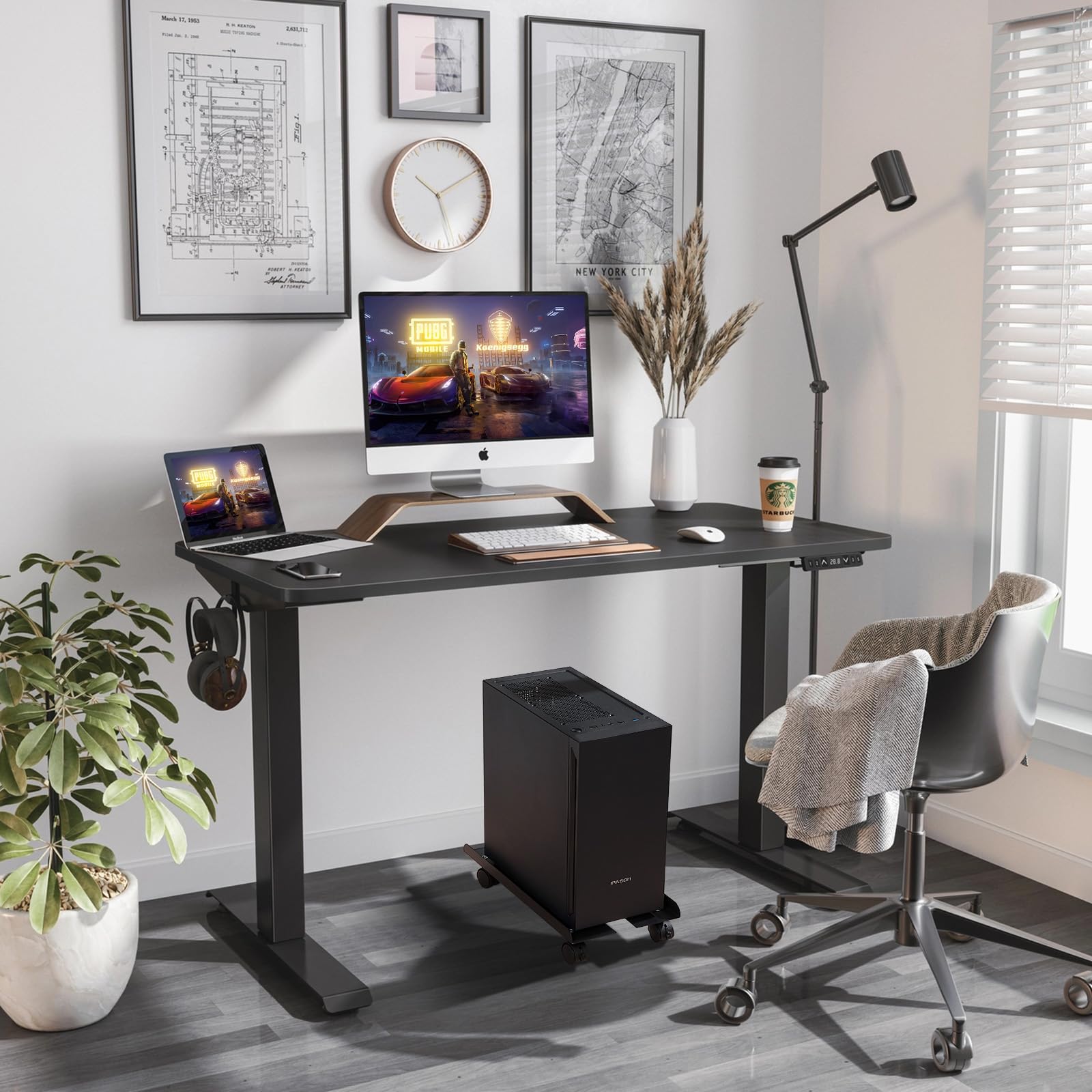 Computer Tower Stand, Adjustable Metal PC Stand for Floor, PC Tower Stand with 4 Locking Caster Wheels, CPU Holder, Mobile CPU Stand for Gaming Office Desk