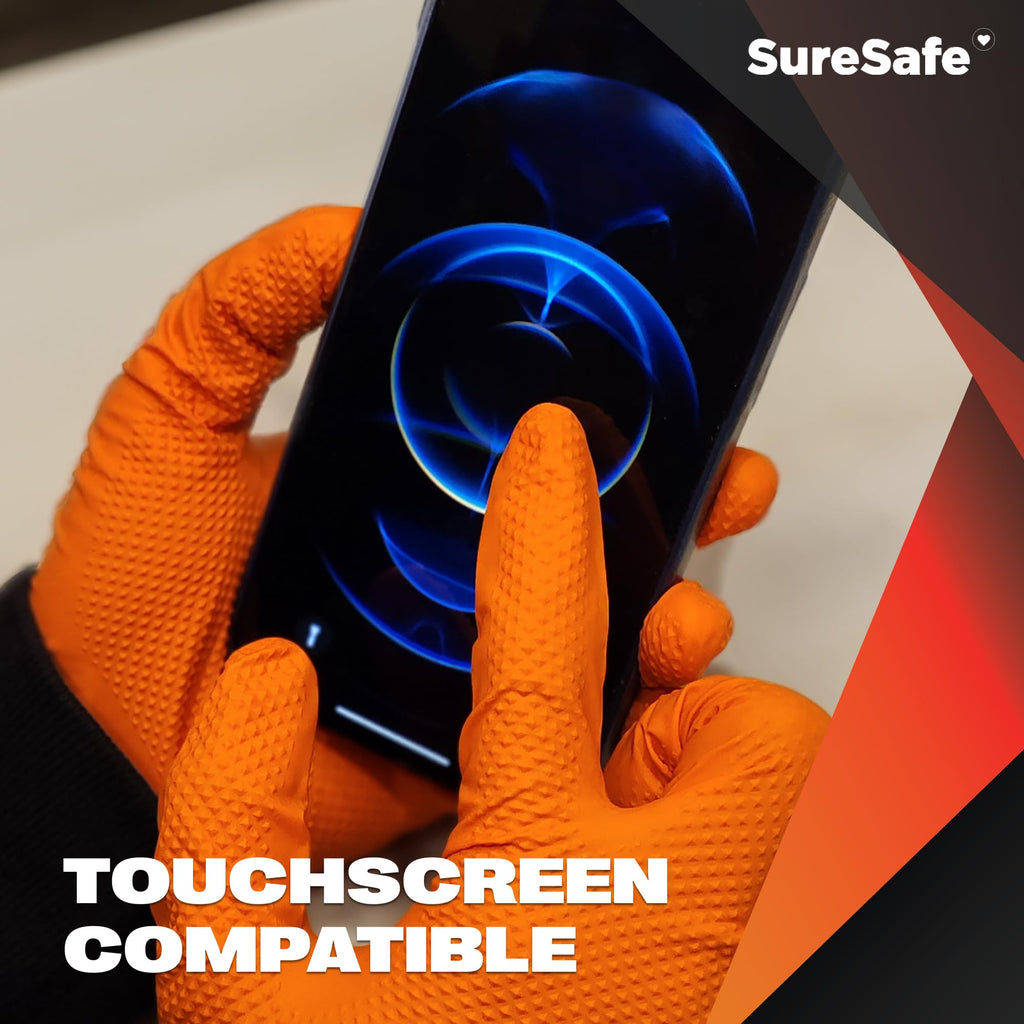 [100 Pack] SURESAFE 8 Mil Nitrile Gloves XL, Orange Food Safe Gloves Disposable, Heavy Duty Powder & Latex Free, Diamond Grip, Fully Textured & Ribbed, For Work, Mechanics, Plumbing, Food Prep