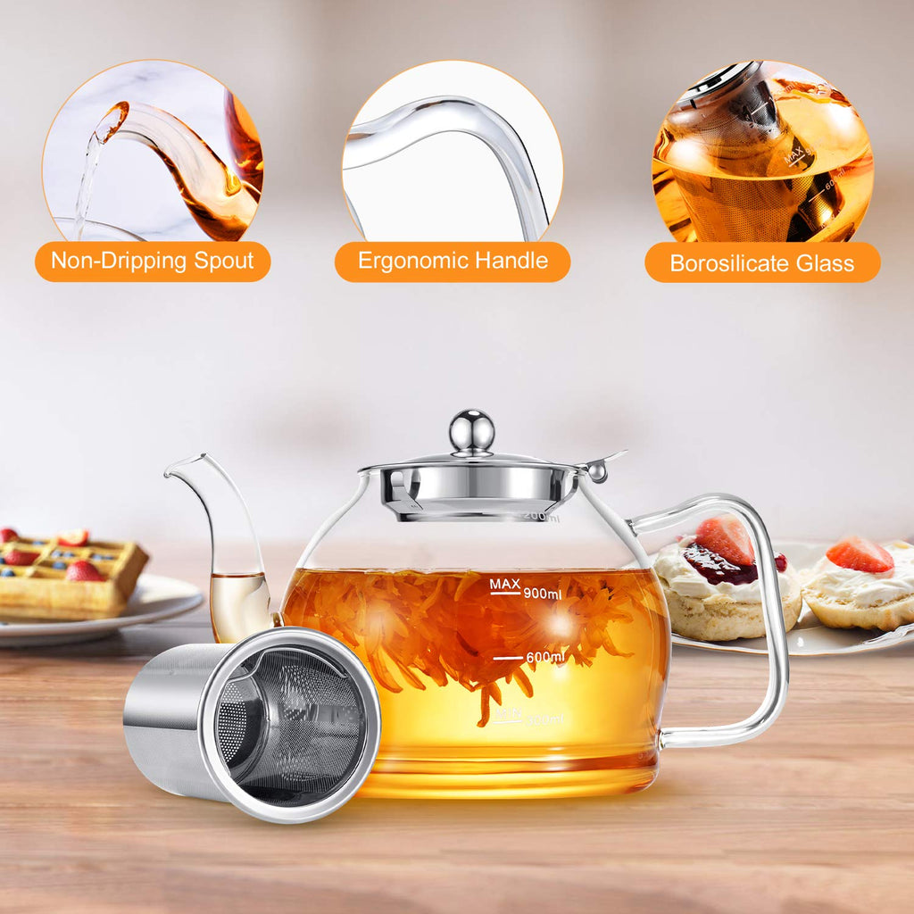 STNTUS Glass Teapot, 40oz/1200ml Tea Pots with Infuser for Loose Leaf, Borosilicate Glass & Removable Stainless Steel Strainer Tea Pot for 4-6 Cups Maker, Mothers Day Gifts