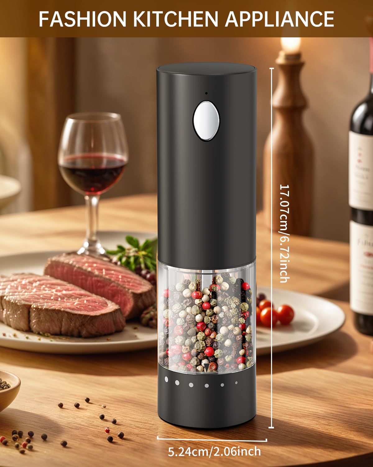 CIRCLE JOY Electric Salt and Pepper Grinder Set with 6 Levels External Adjustable Coarseness, Dustproof Storage Base, Automatic Pepper Mill Shakers Set for Kitchen, White LED Light, Black