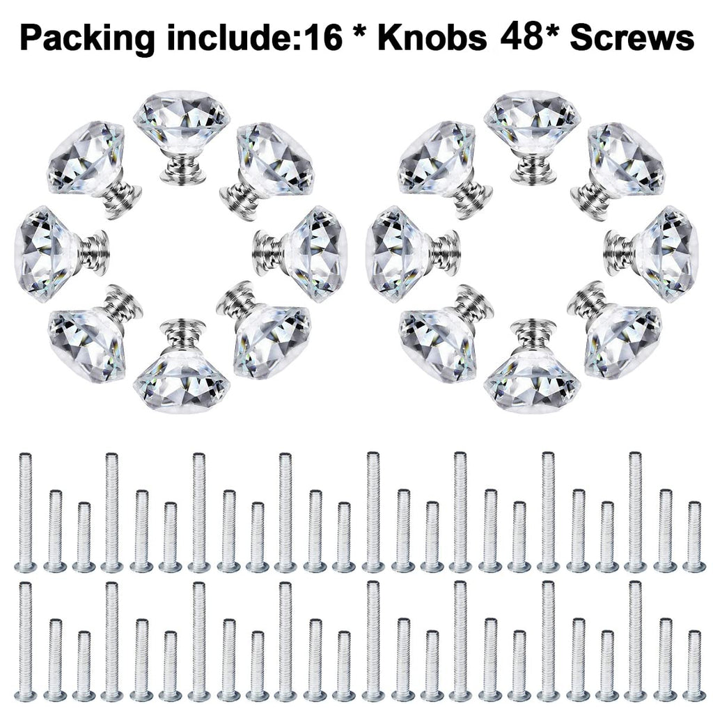Dresser Knobs,16 Pack Diamond Shaped Crystal Glass Drawer Knobs, Pulls and Handles with Screws for Closet, Bathroom Cabinet, Dresser and Cupboard (30mm)