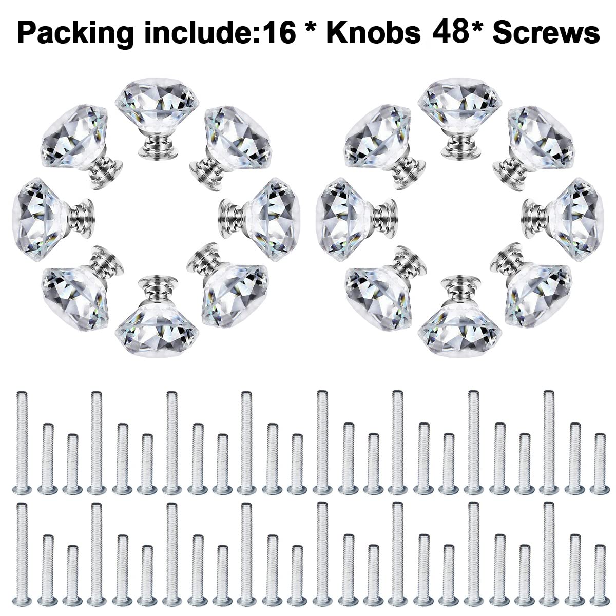 Dresser Knobs,16 Pack Diamond Shaped Crystal Glass Drawer Knobs, Pulls and Handles with Screws for Closet, Bathroom Cabinet, Dresser and Cupboard (30mm)