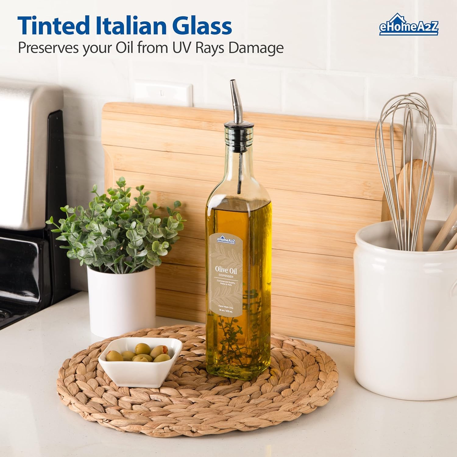 EHOMEA2Z Italian Glass Olive Oil Dispenser Bottle - 16 Oz, Oil and Vinegar Cruet with Stainless Steel Spout for Kitchen, Slight Green Tint (2, 473ml)