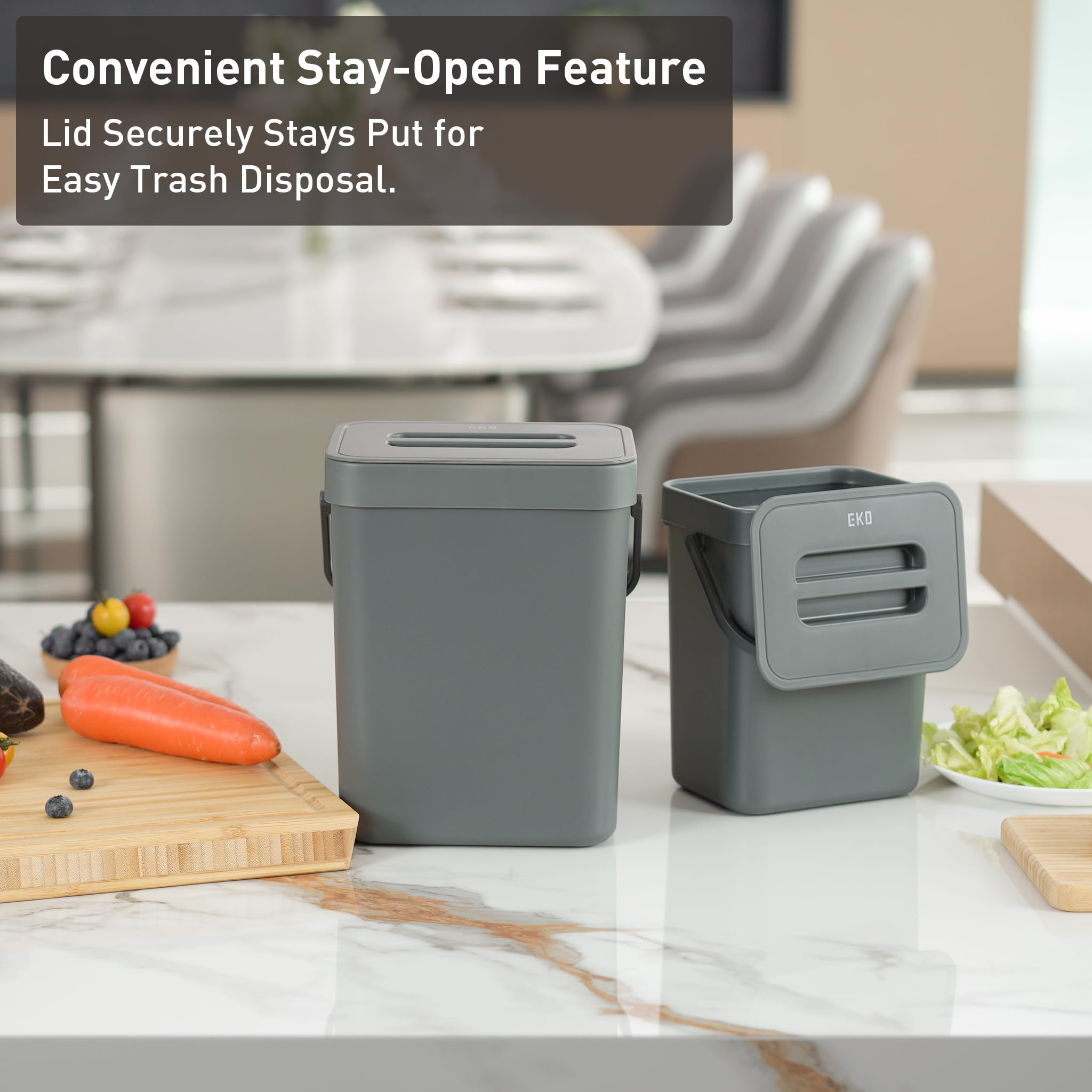 EKO Puro Wall-Mounted Trash Can with Lid, 1.32 Gal / 5L Hanging Trash Can, Small Kitchen Compost Bin for Counter Top, Mini Food Waste Bin (Grey)