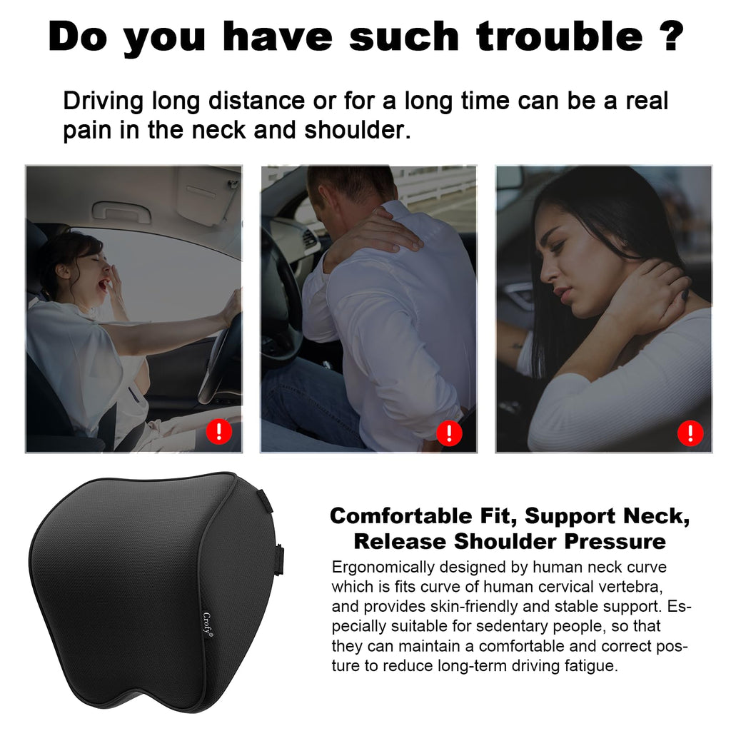 Crofy 2 Pack Car Neck Pillow, Softness Car Headrest Pillow for Driving with Adjustable Strap, 100% Memory Foam and Breathable Removable Cover, Comfortable Ergonomic Design